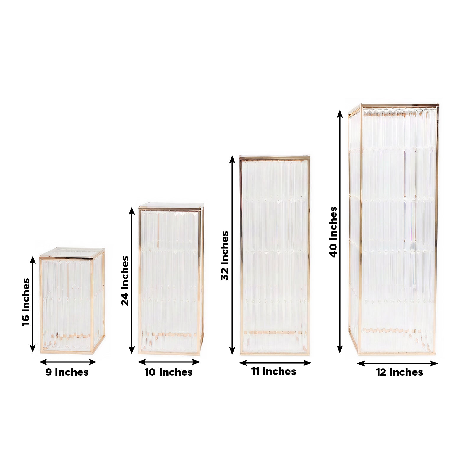 Gold metal pedestal stands set of 4 with acrylic tops and crystal accents.