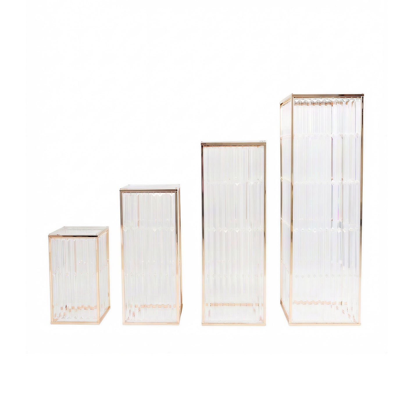 Gold metal pedestal stands set of 4 with acrylic tops and crystal pendant chains.