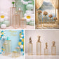 Gold metal pedestal stands set with acrylic tops and crystal pendants.