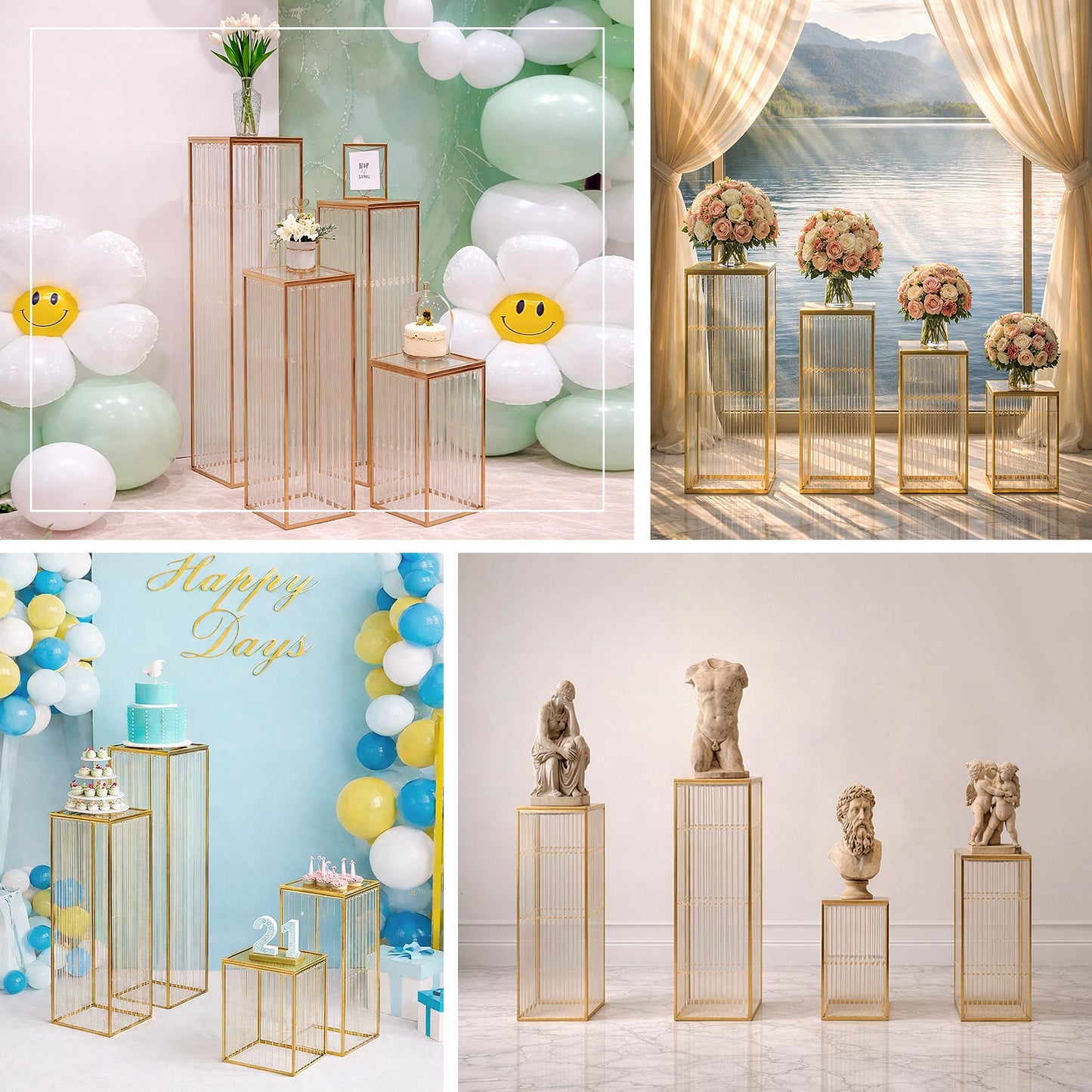 Gold metal pedestal stands set with acrylic tops and crystal pendants.