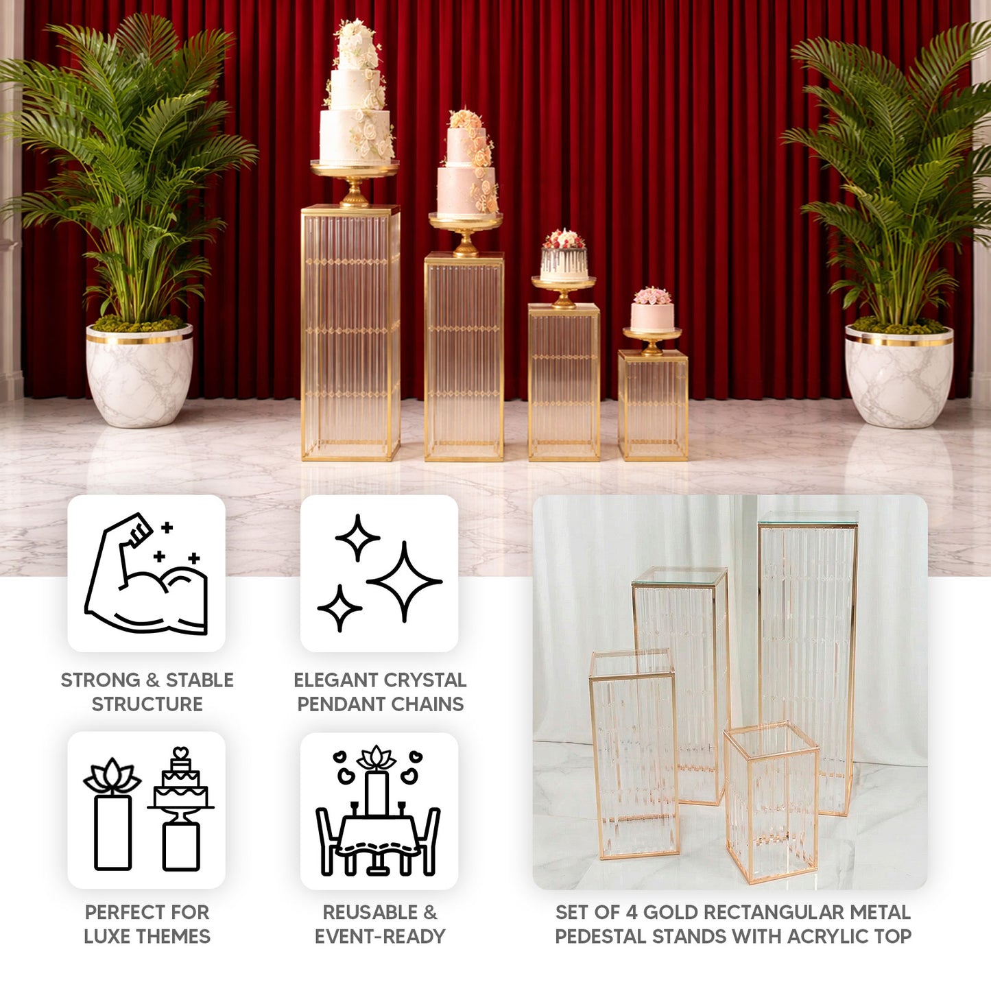 Gold metal pedestal stands with acrylic tops and crystal pendant chains.