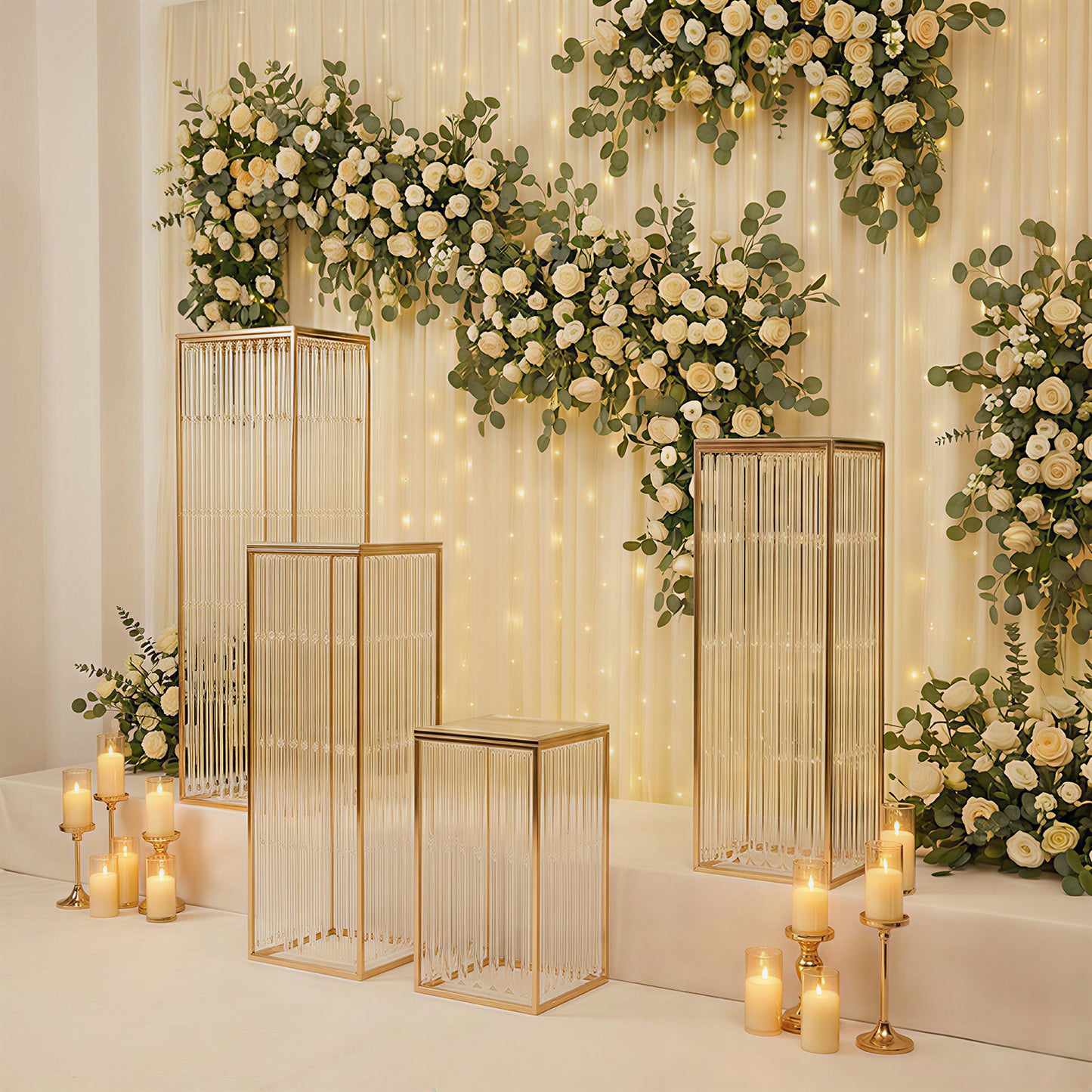 Gold metal pedestal stands with acrylic tops and crystal pendant chains.