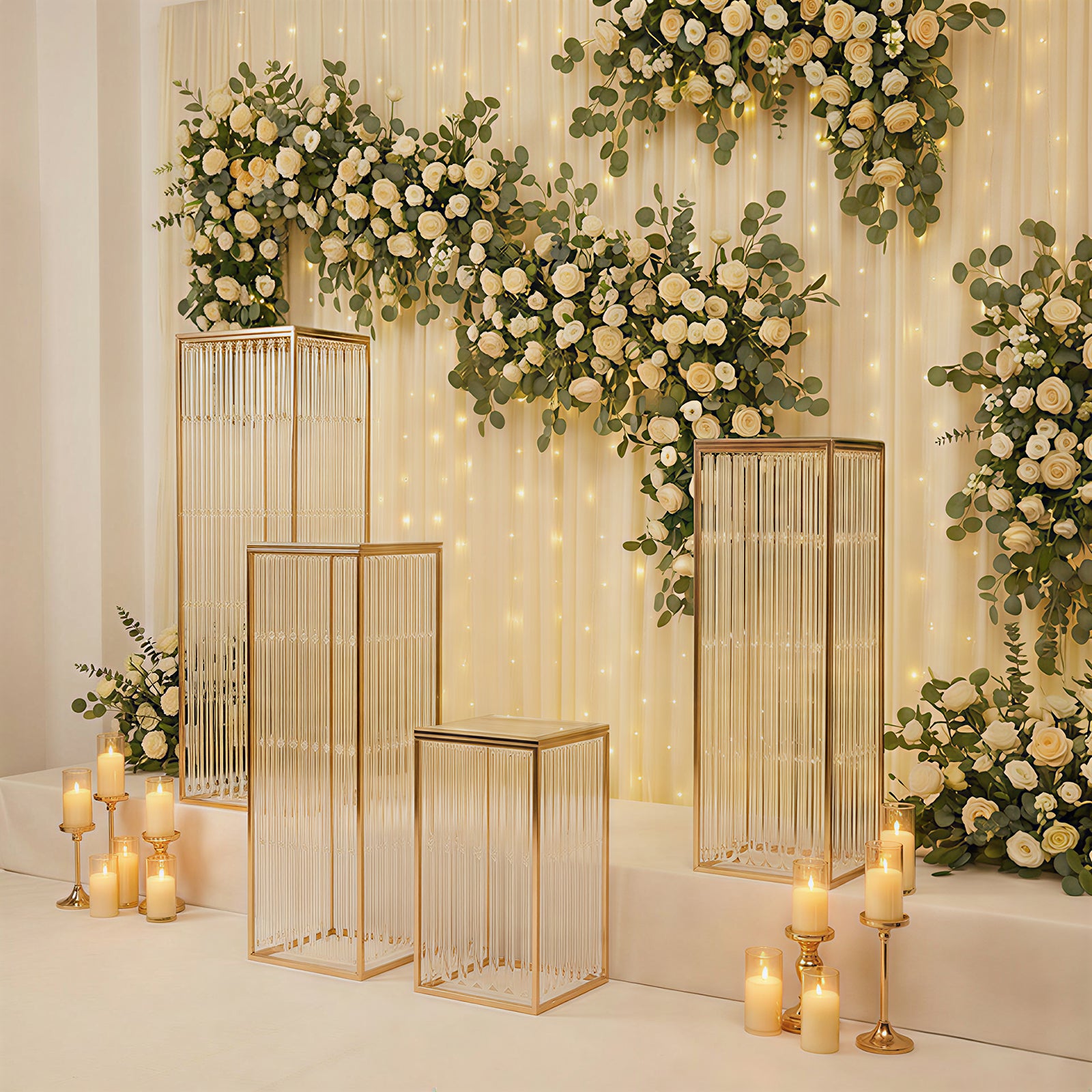 Gold metal pedestal stands with acrylic tops and crystal pendant chains.
