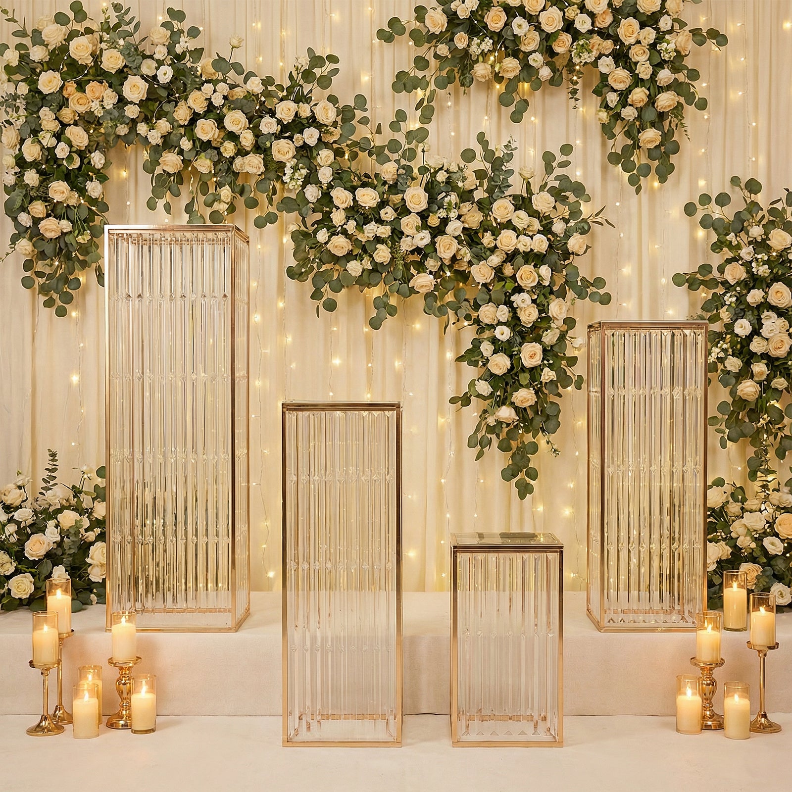 Gold metal pedestal stands with acrylic tops and crystal pendant chains.