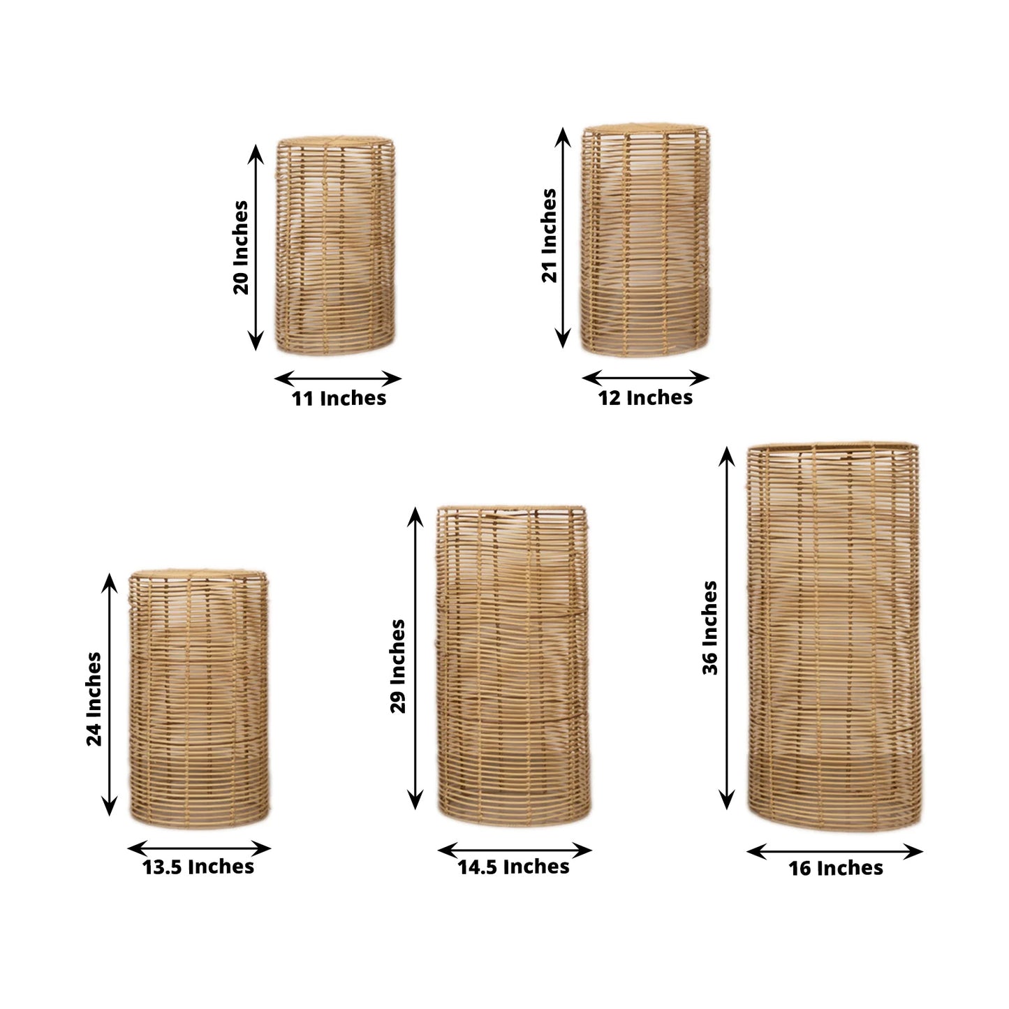 Natural woven rattan wicker pedestal stands in various sizes.