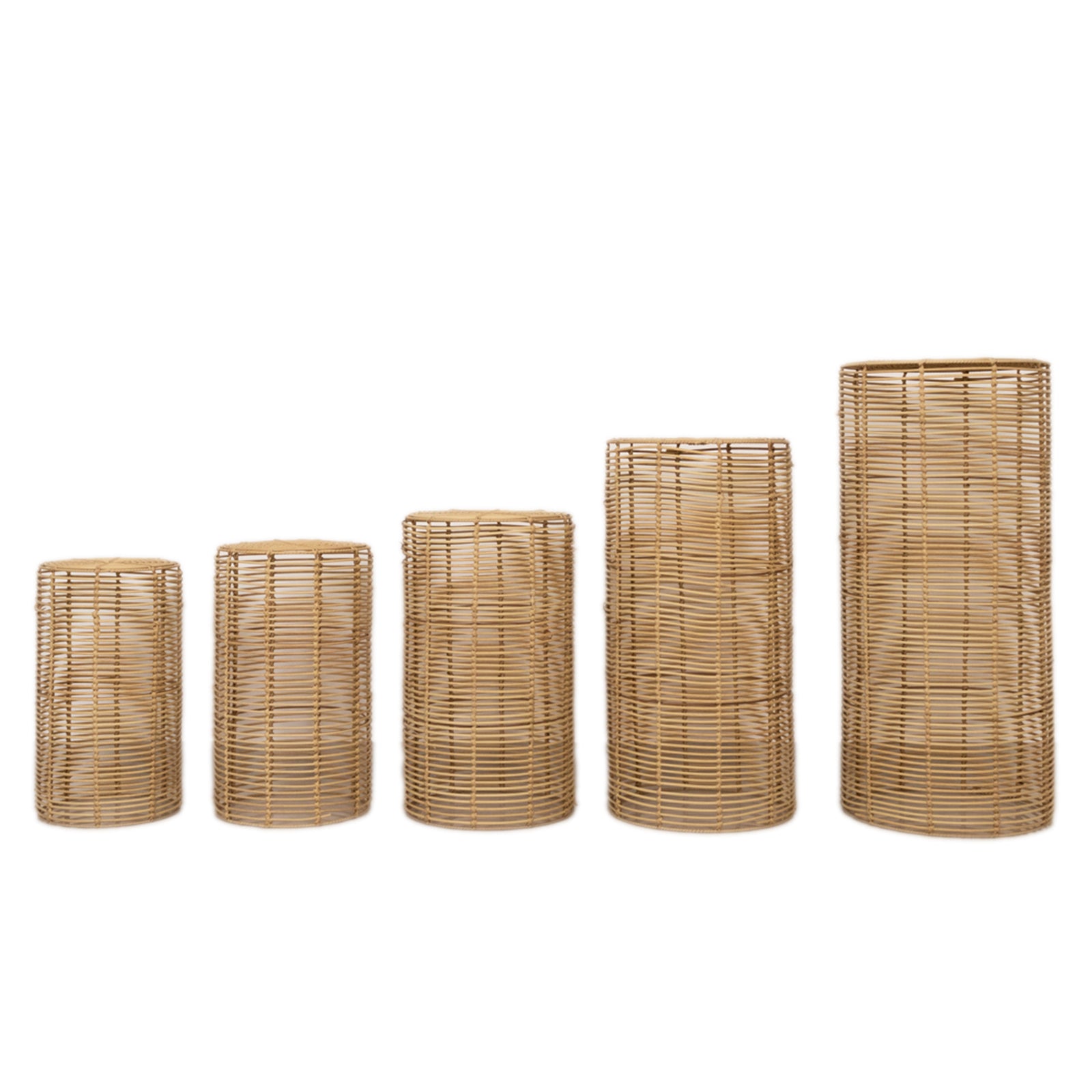 Natural woven rattan wicker pedestal stands in various heights. #whtbkgd