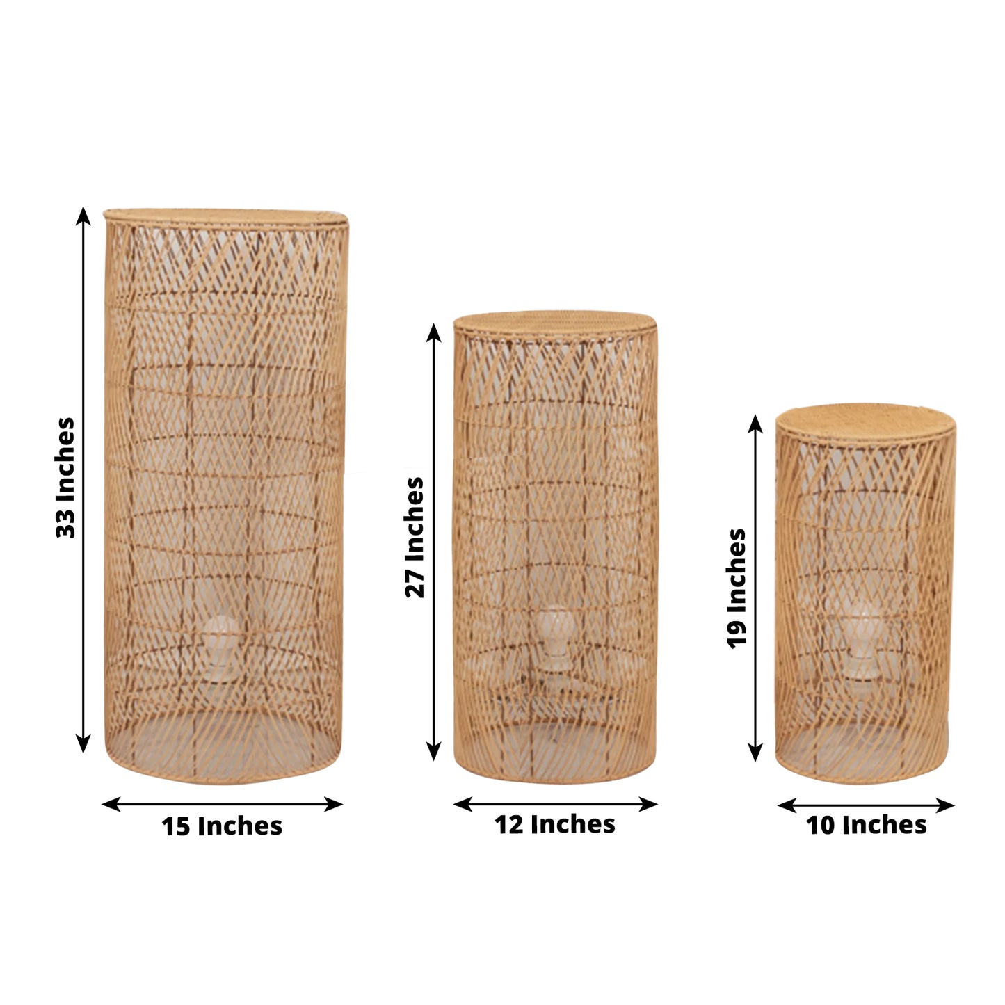 Natural woven rattan wicker pedestal lamp shades in rustic farmhouse style.