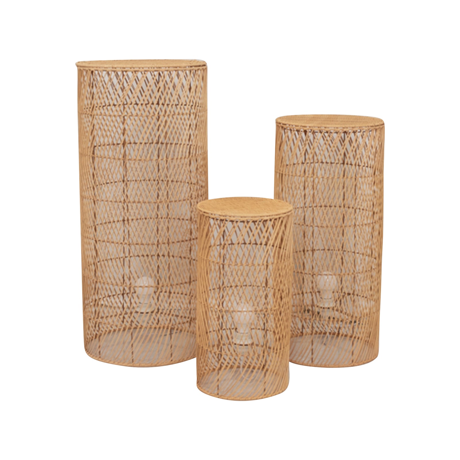 Natural woven rattan wicker pedestal stand lamp shades in light tan.