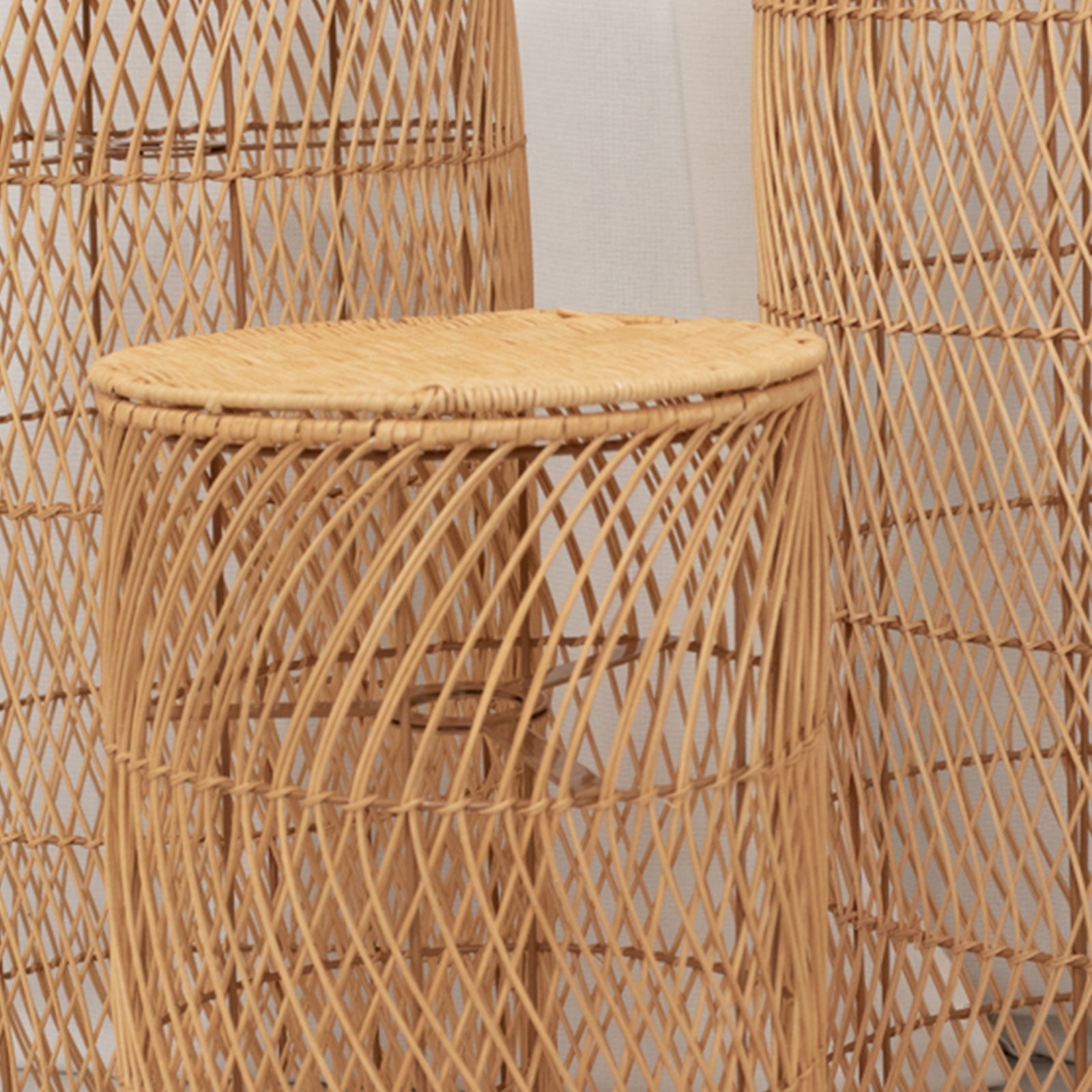 Natural woven rattan pedestal lamp shades with wave pattern, rustic farmhouse style.