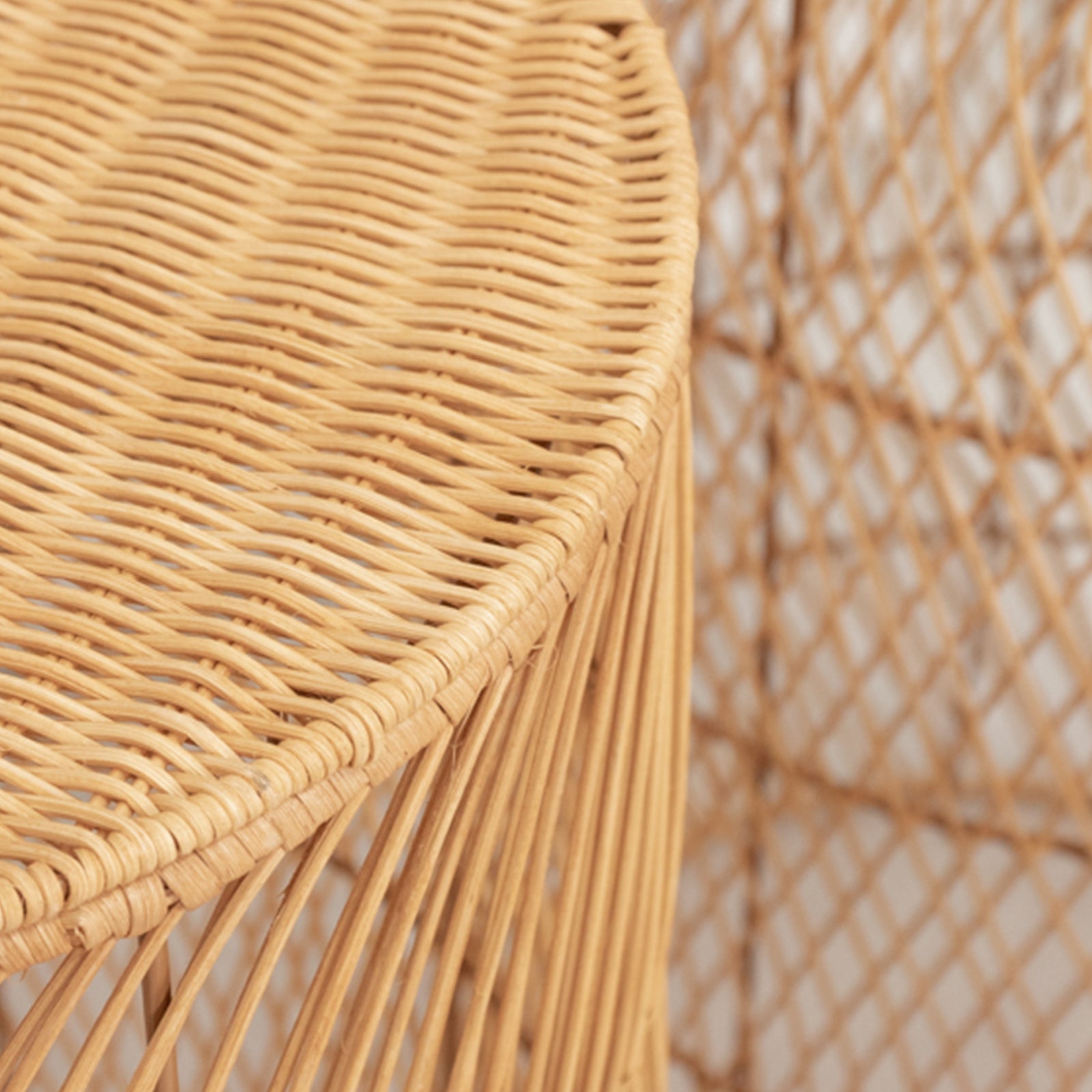 Natural woven rattan wicker lamp shades with wave pattern in light brown.