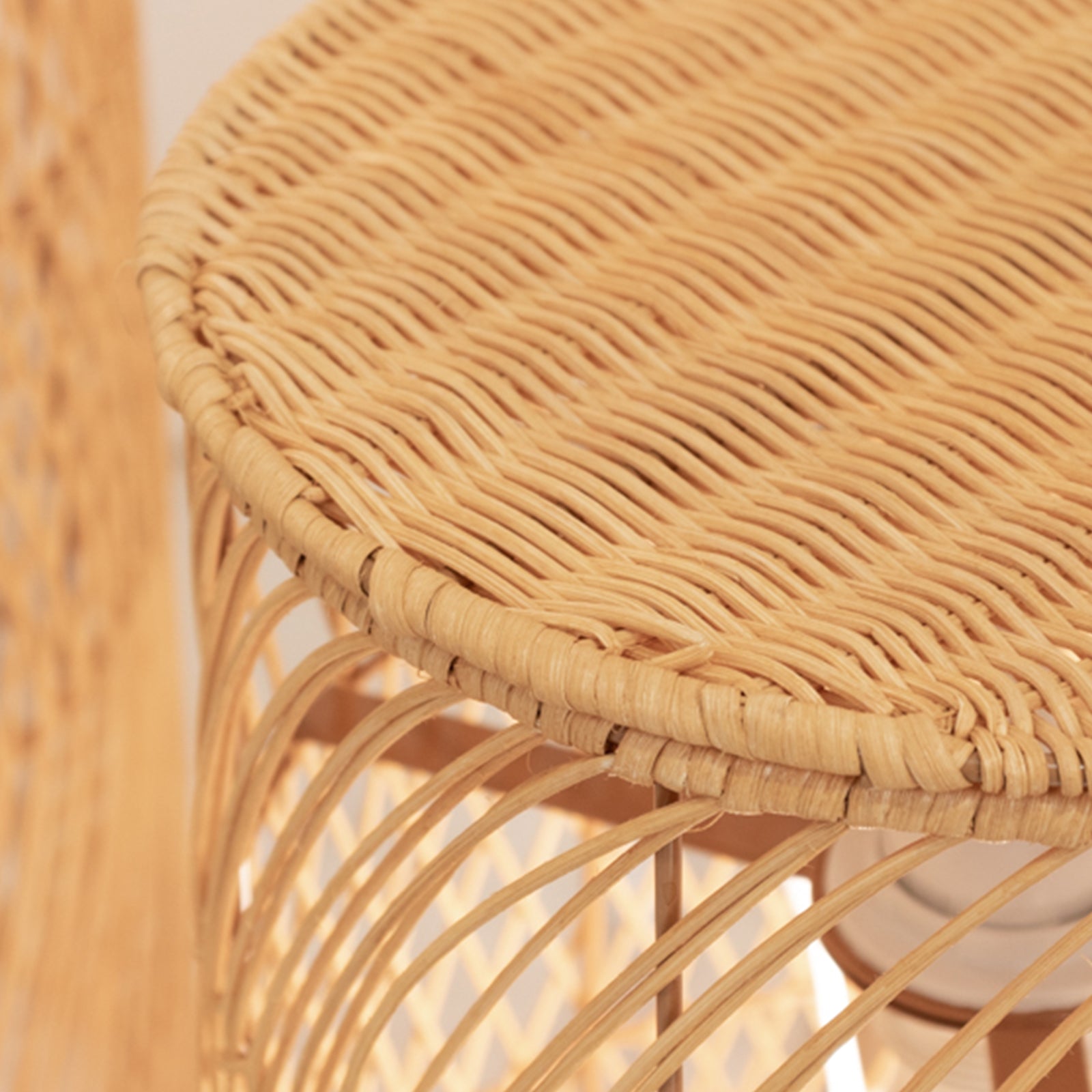 Natural woven rattan wicker floor lamp shades with wave pattern.