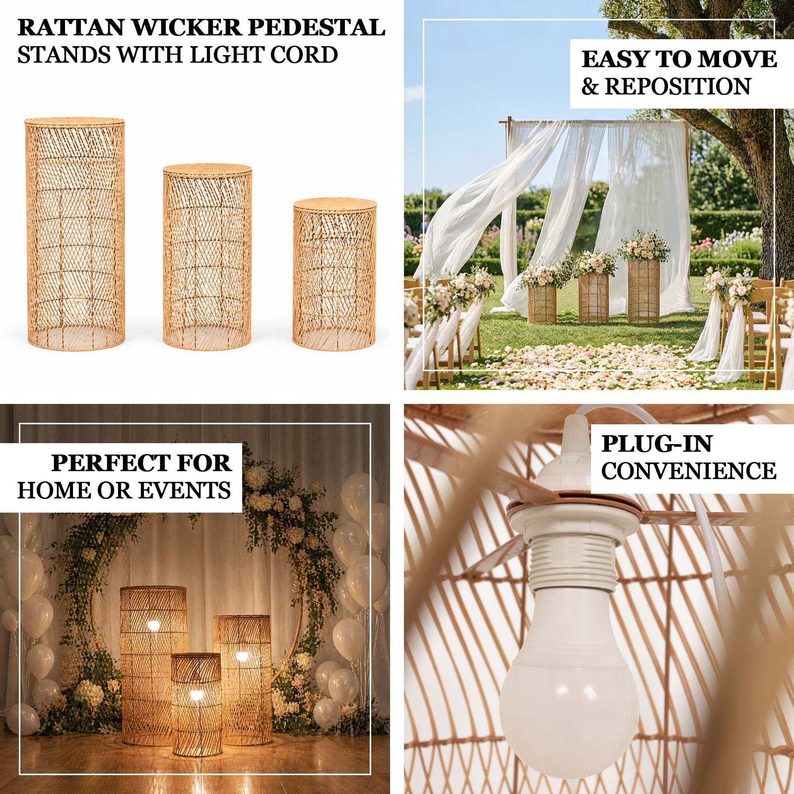 Natural woven rattan wicker pedestal lamp shades with light cord, rustic farmhouse style.