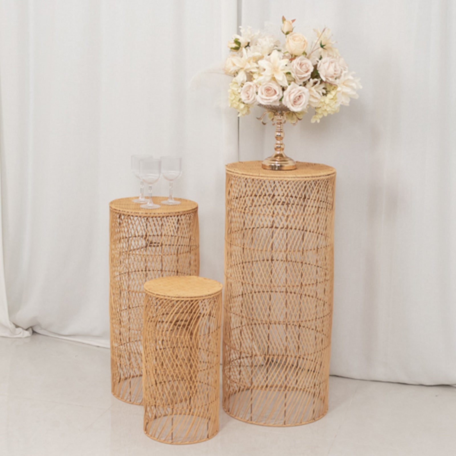 Natural woven rattan wicker pedestal lamp shades in rustic farmhouse style.
