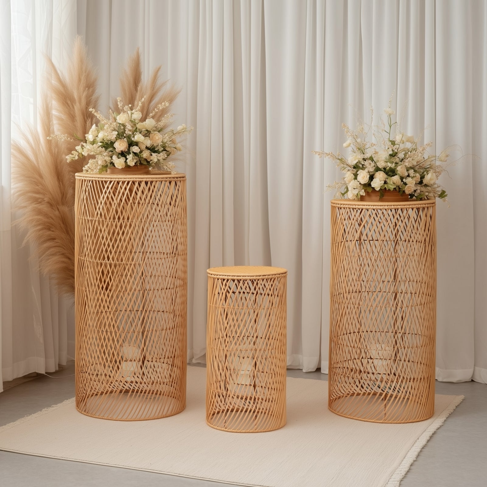 Natural woven rattan wicker pedestal stands with wave pattern, rustic farmhouse style.