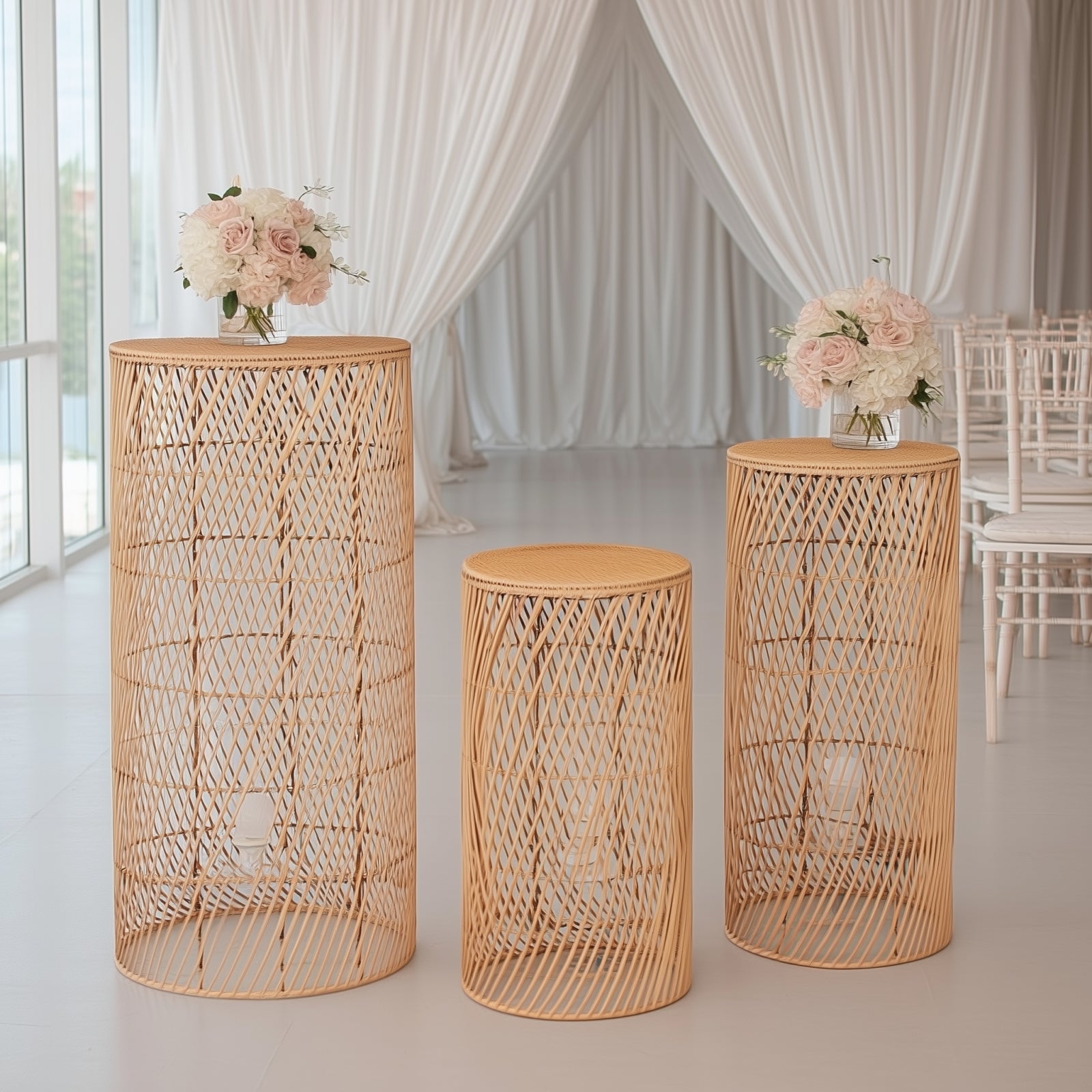 Natural woven rattan wicker pedestal lamp shades in light beige with wave pattern.