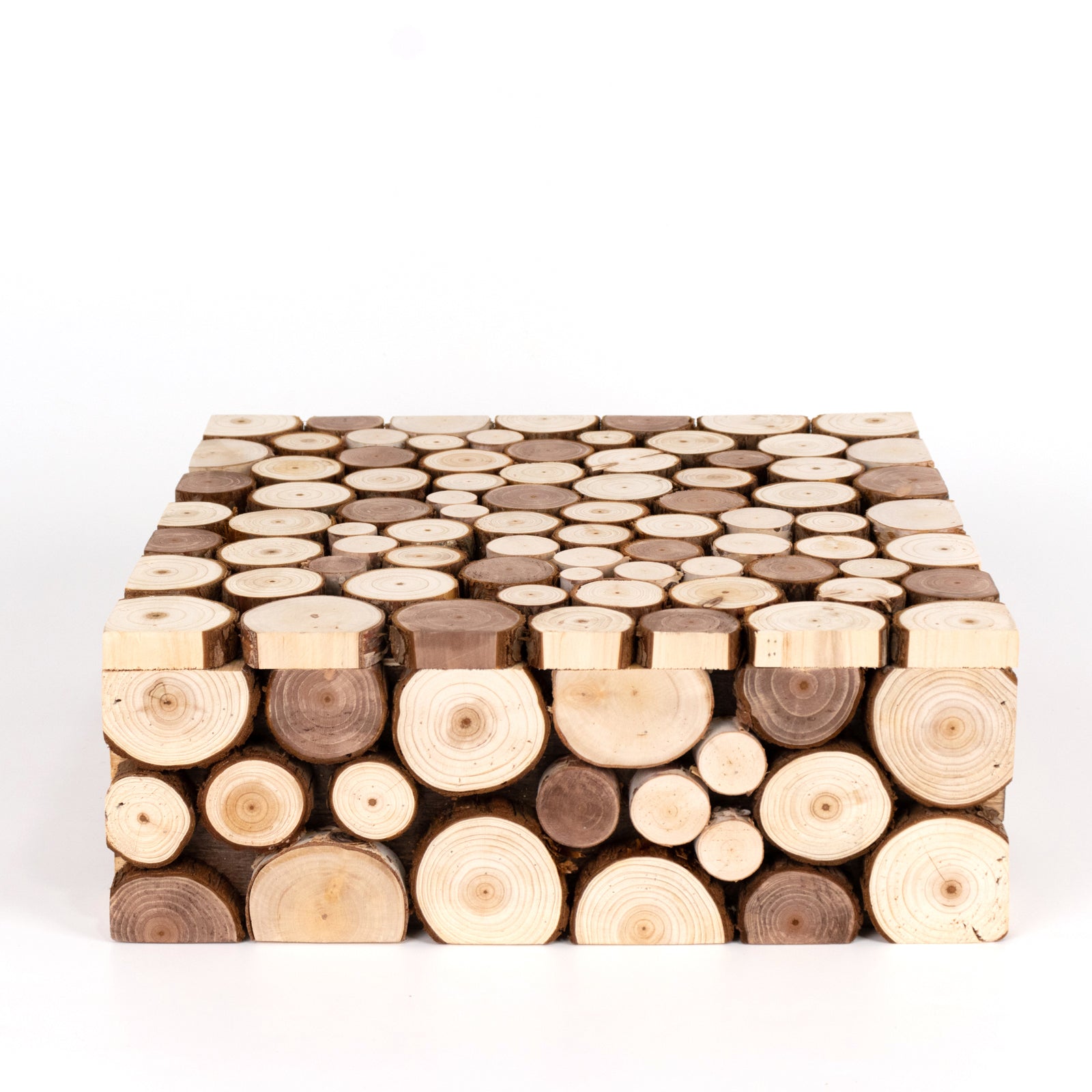 Natural wooden square display box pedestal riser for cakes and plants.