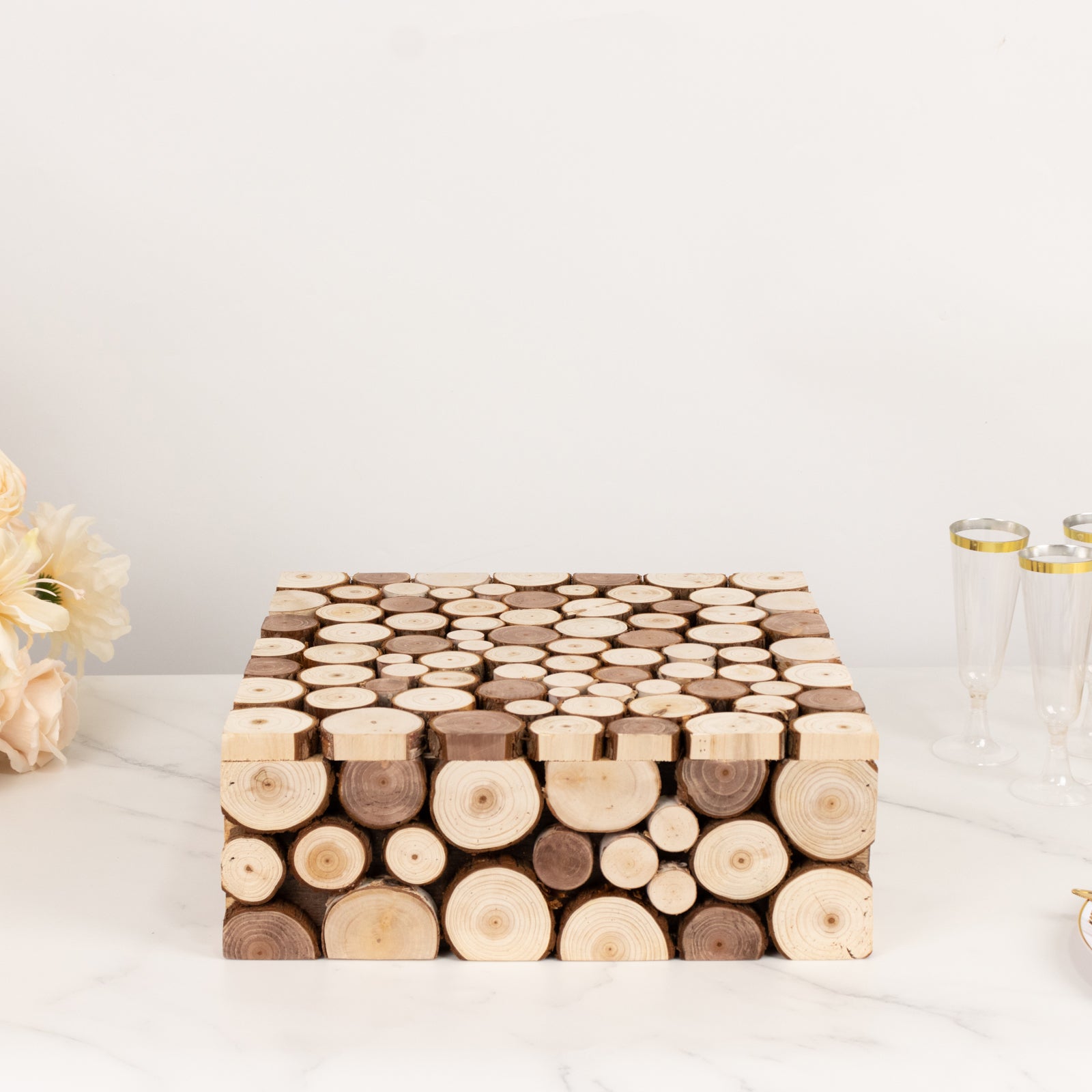 Natural wooden square display box pedestal riser, rustic farmhouse style.