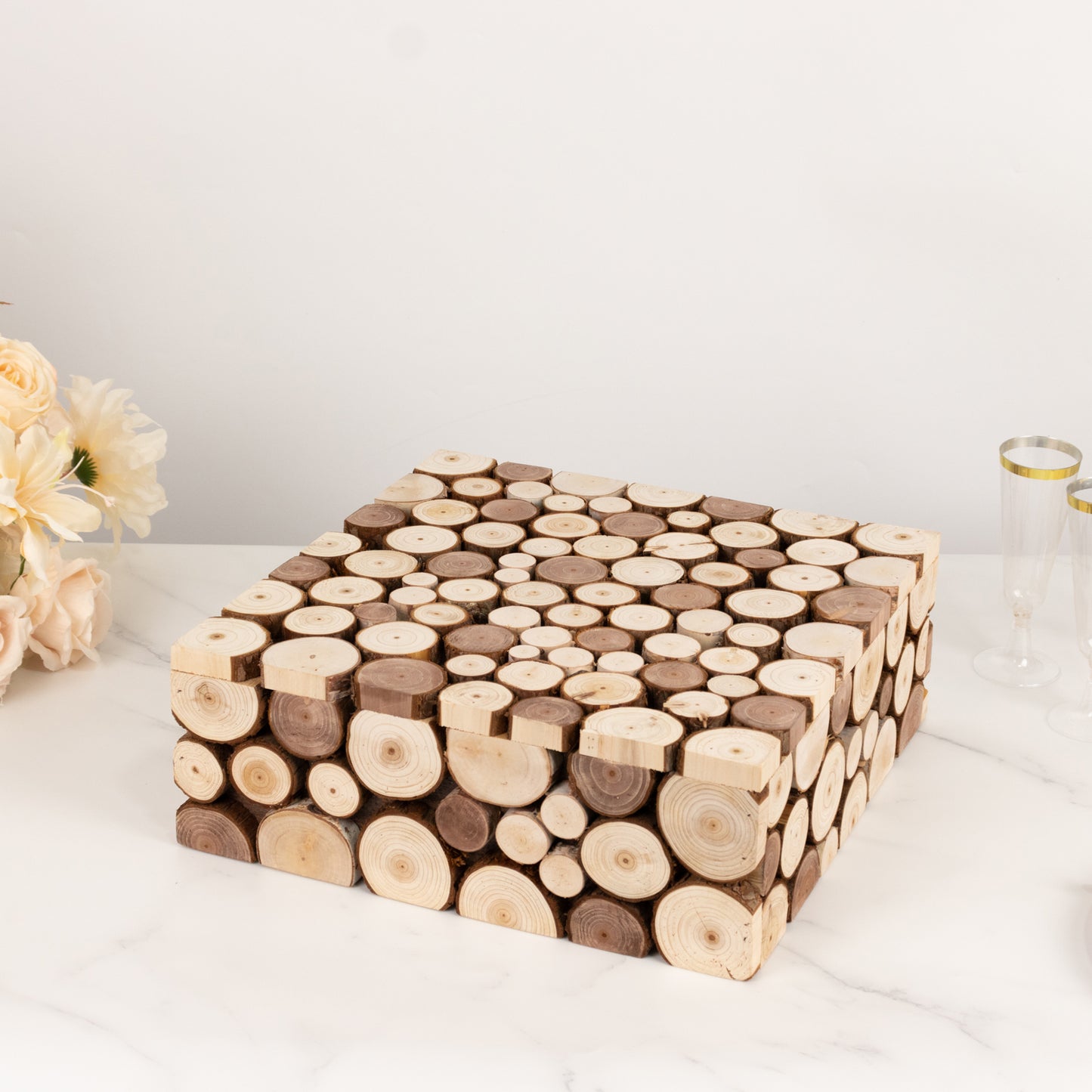 Natural wooden square display box pedestal riser for cakes and plants.