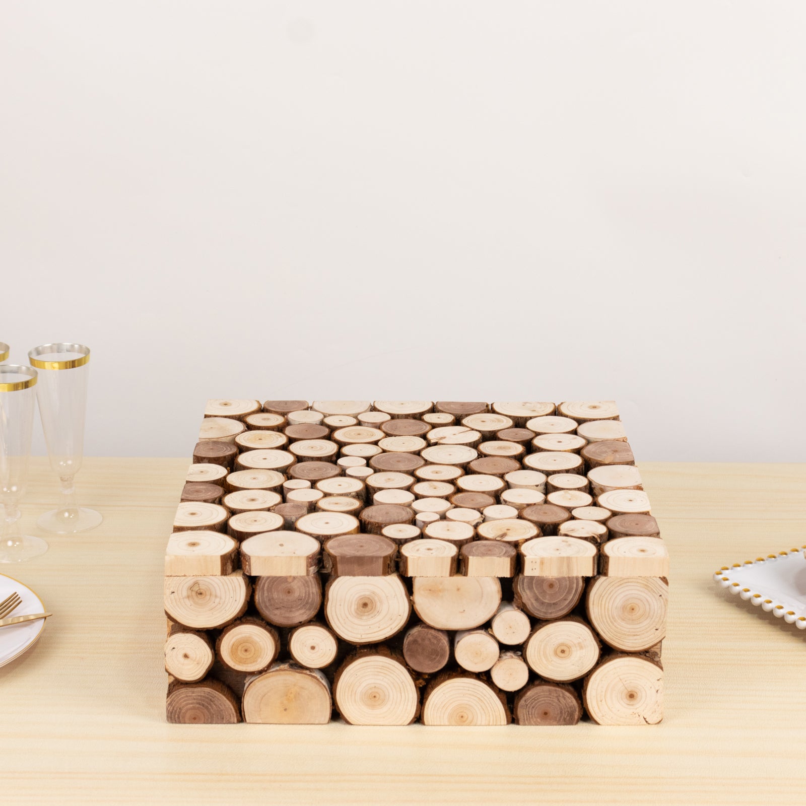 Natural wooden square display box riser for cakes and plants.