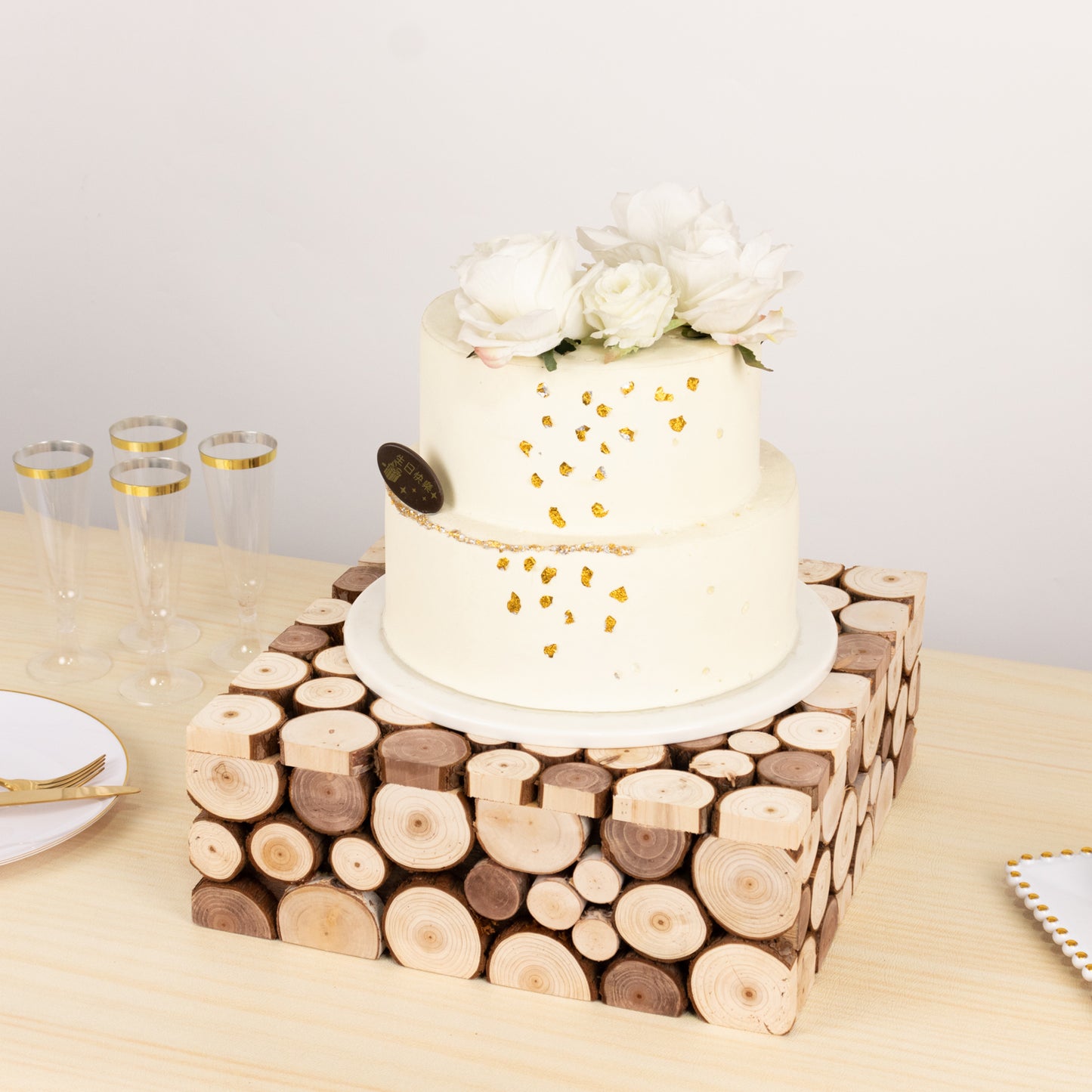 Rustic wooden square display box pedestal riser for cakes and desserts.