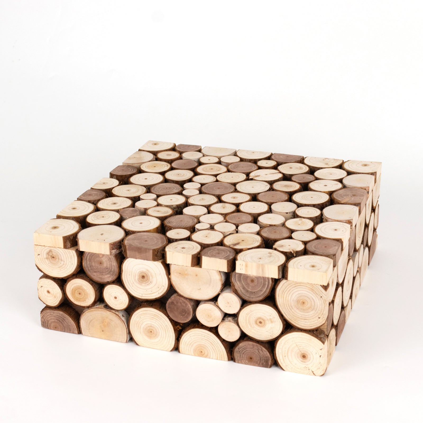 Natural wooden square display box pedestal riser in rustic farmhouse style.