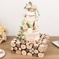 Natural wooden square display box pedestal riser with cake and flowers.