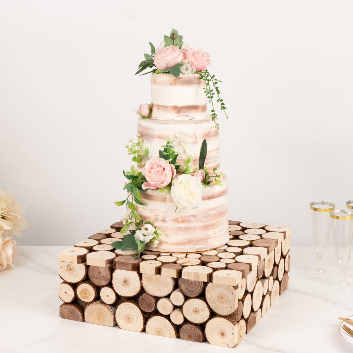 Natural wooden square display box pedestal riser for cake or plant stand.