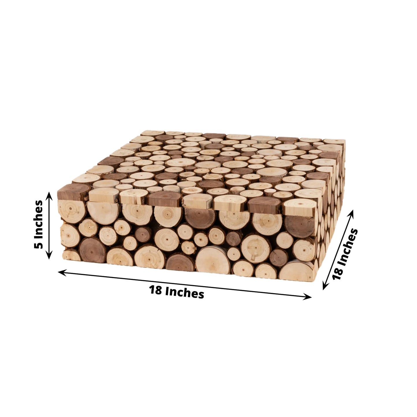 Natural Wooden Slices Square Display Box Pedestal Riser, Rustic Farmhouse Cake Dessert Plant Stand with Hollow Bottom - 18"x18"