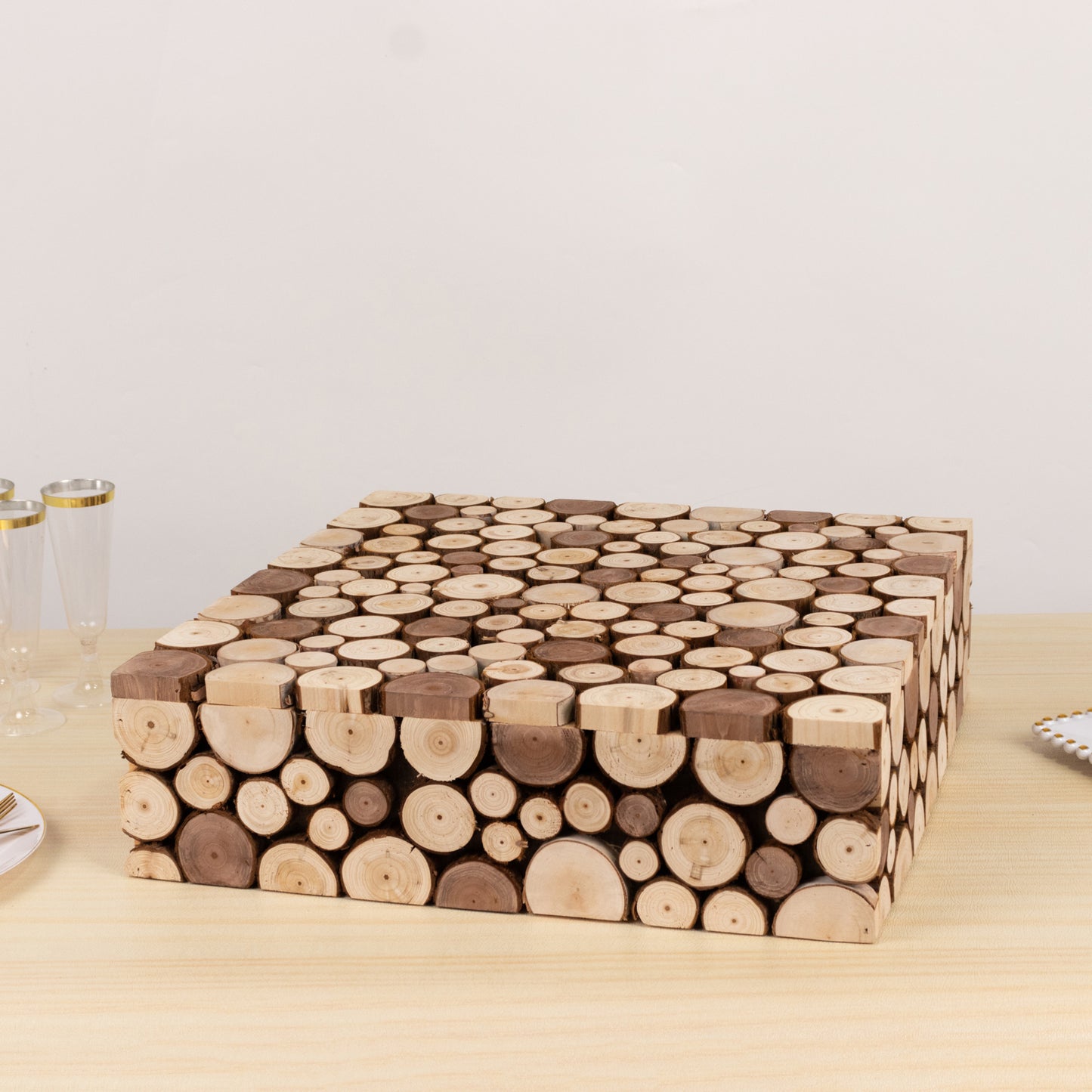 Natural Wooden Slices Square Display Box Pedestal Riser, Rustic Farmhouse Cake Dessert Plant Stand with Hollow Bottom - 18"x18"