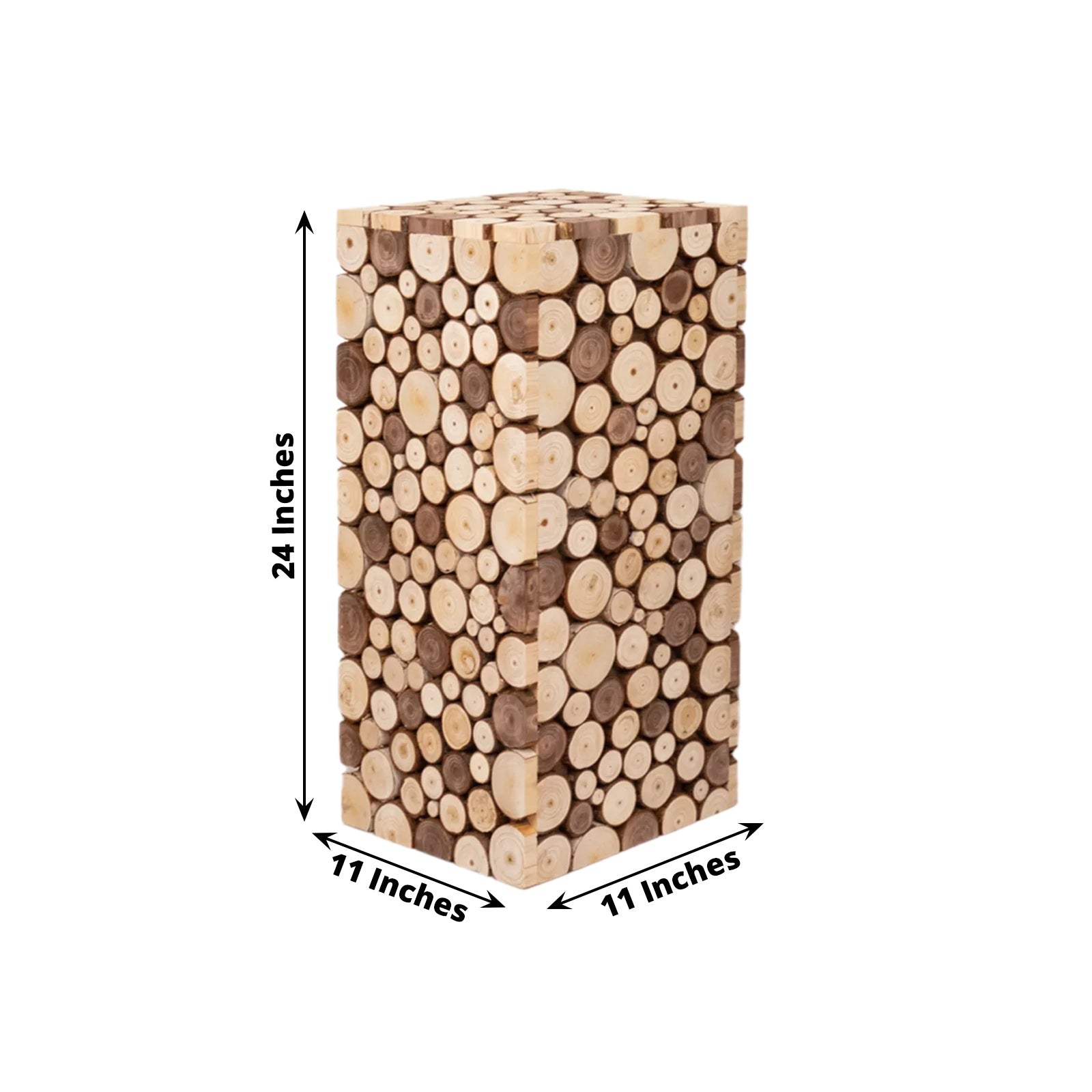 Natural wooden slices pillar stand, rustic farmhouse design, 24 inches tall.