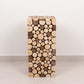 Natural wooden slices pedestal stand in a rustic farmhouse style.
