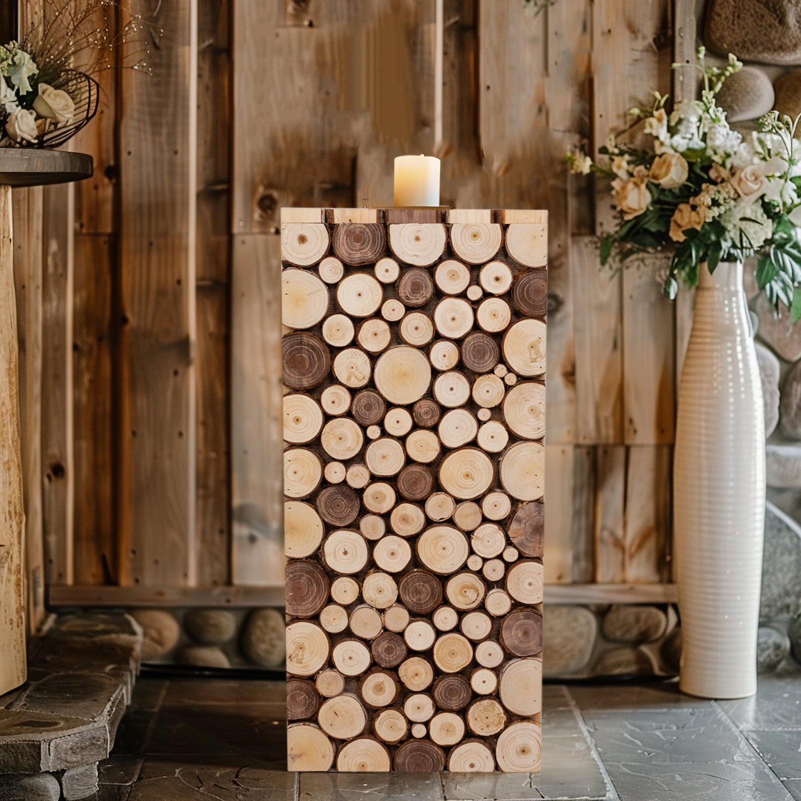 Natural wooden slices pillar stand for rustic decor.