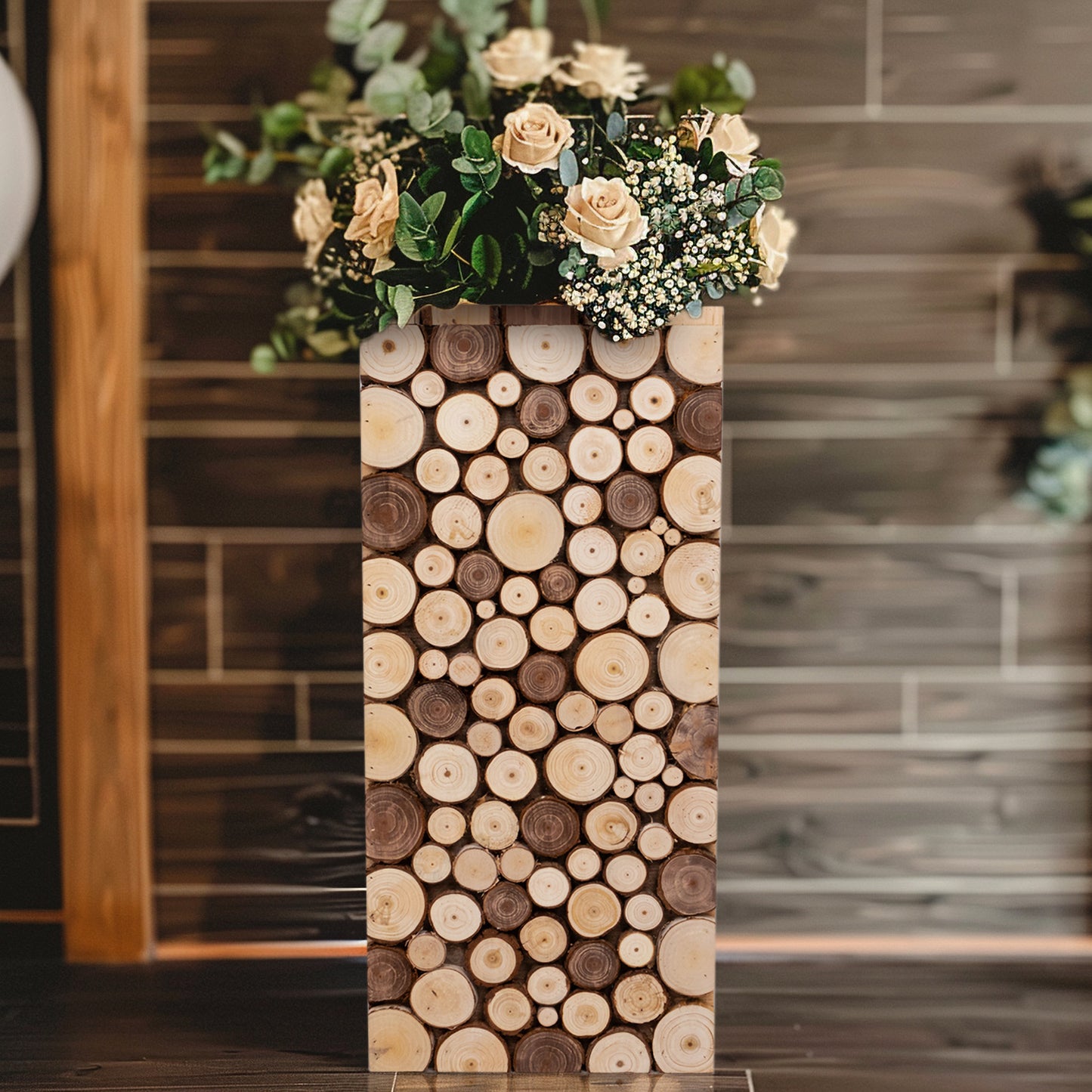 Natural wooden pillar stand with rustic slices, perfect for plant displays.