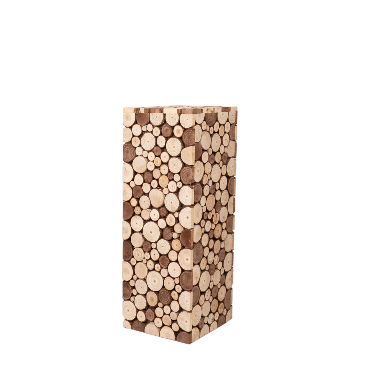 Natural wooden slices rustic pedestal stand for plants.