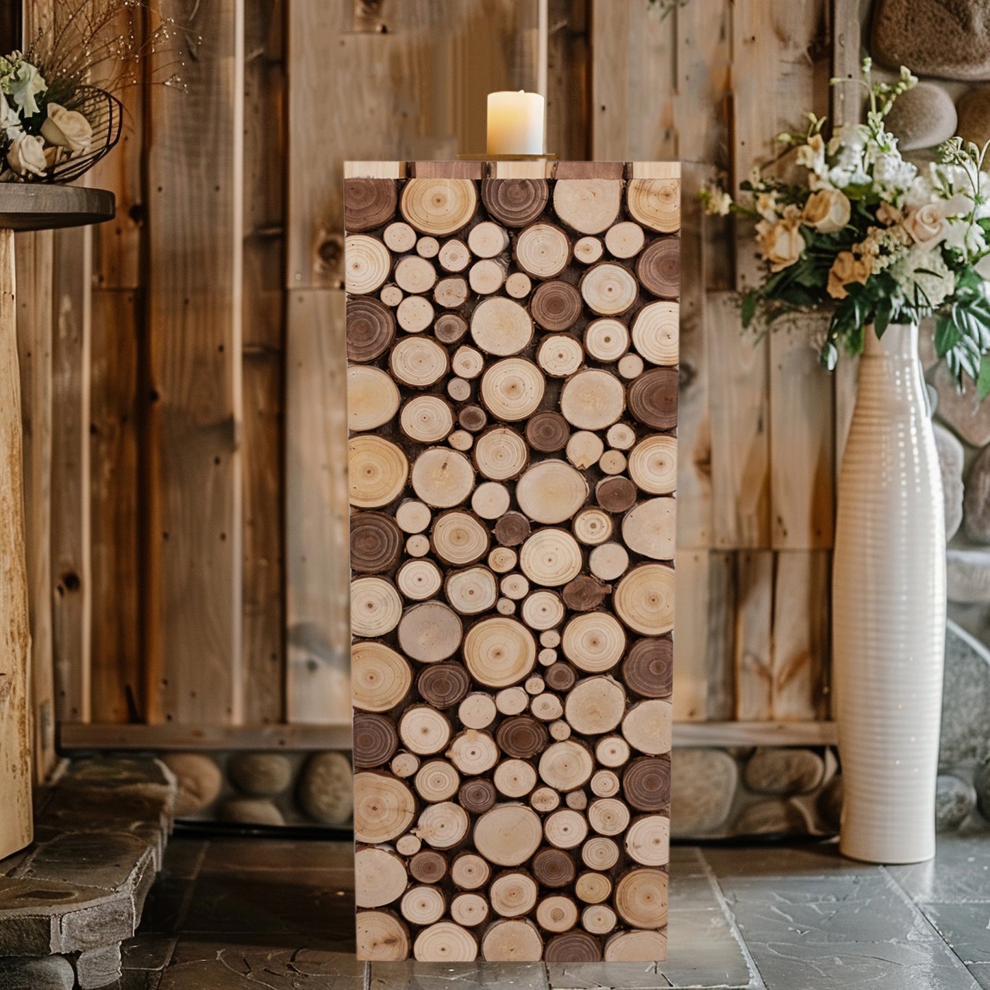 Natural wooden slices pillar stand, rustic wood riser for plants.
