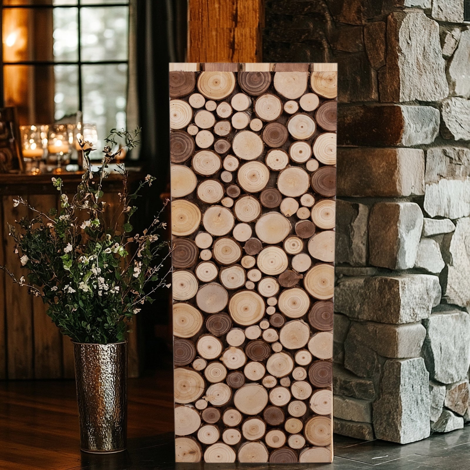 Natural wooden slices pillar stand, rustic farmhouse decor.