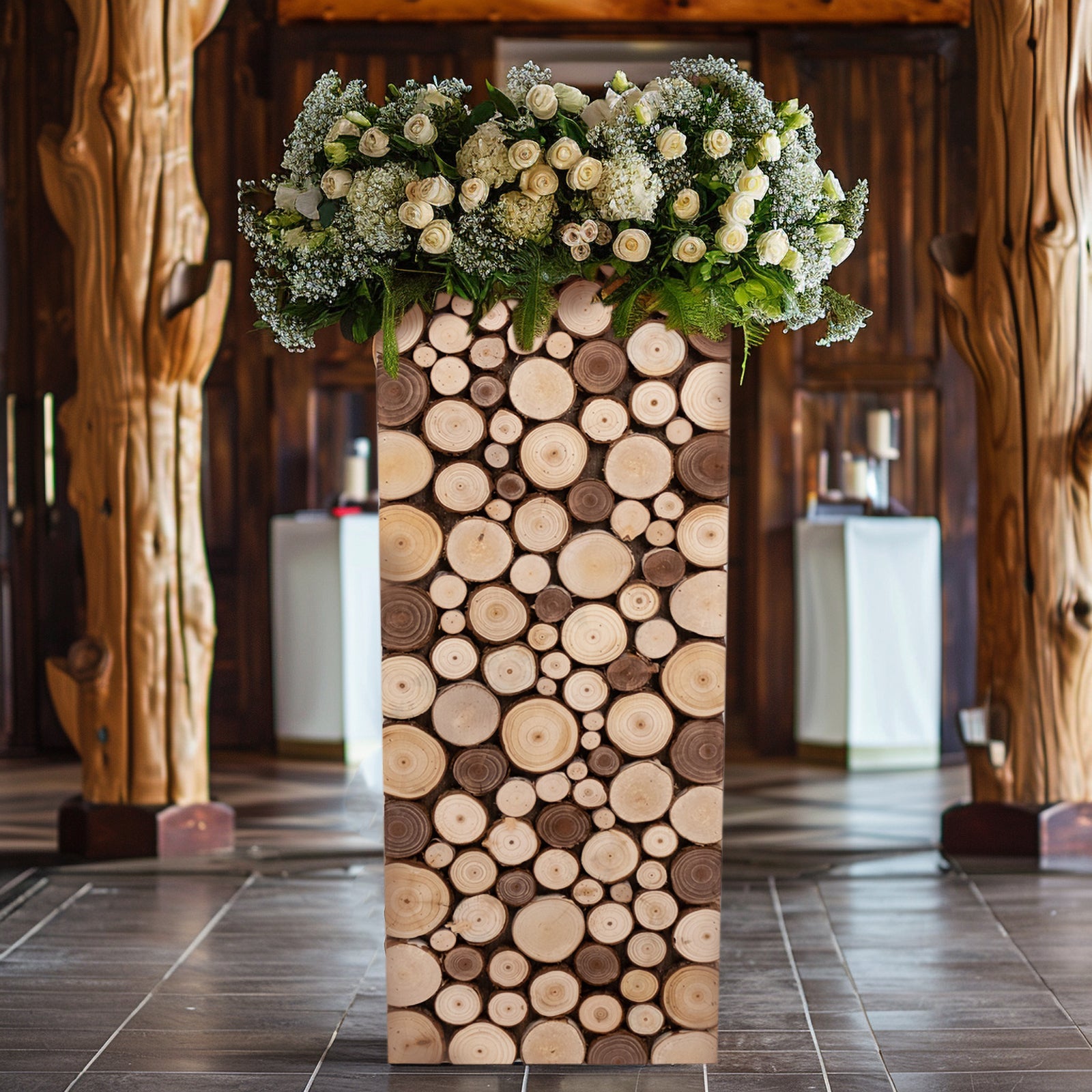 Natural wooden pedestal stand with flowers, rustic farmhouse style.