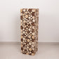 Natural wooden slices pedestal stand for rustic decor.