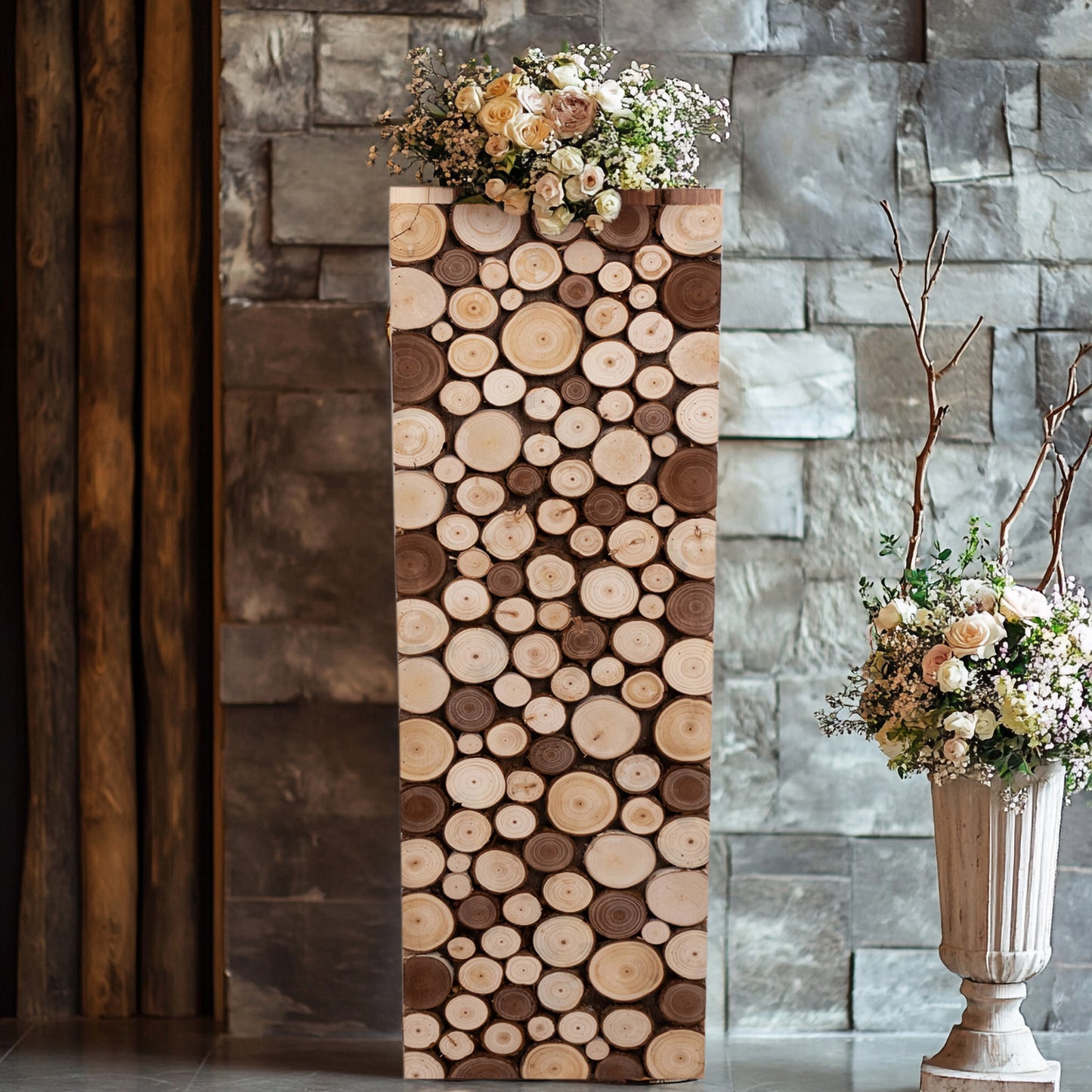 Natural wooden slices pillar stand for rustic decor and plants.