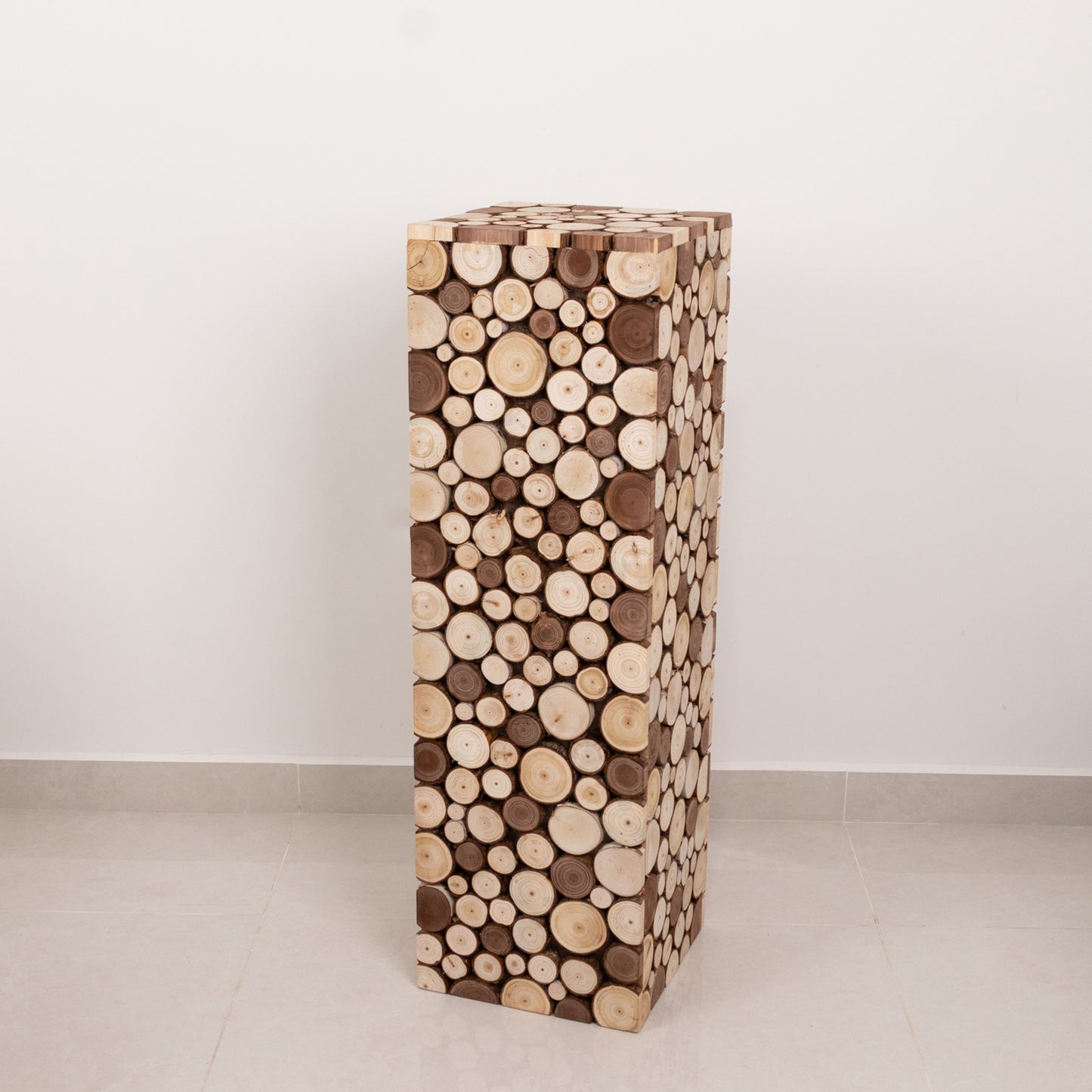 Natural wooden pillar stand in rustic farmhouse style.