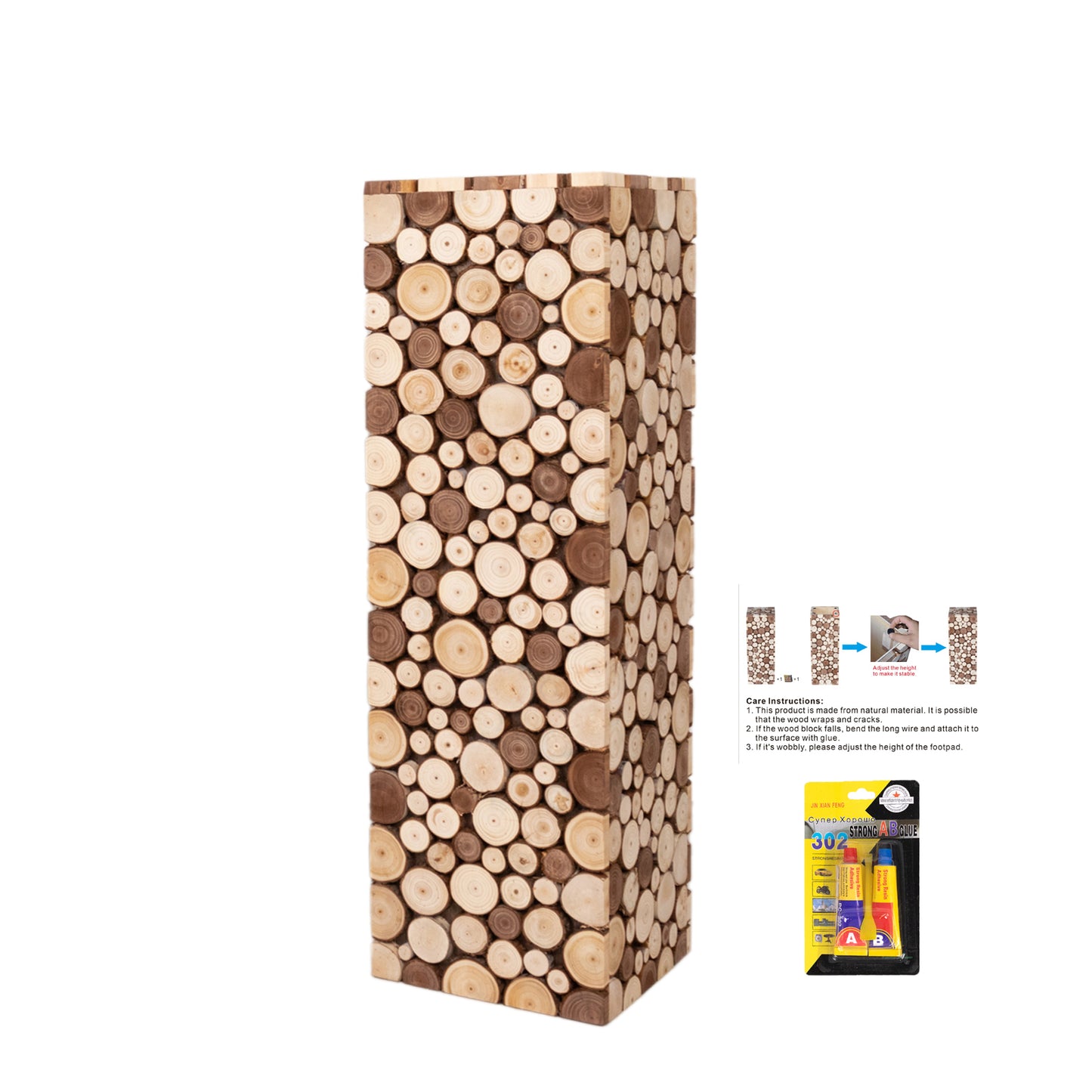 Natural wooden slices pedestal stand for rustic farmhouse decor.