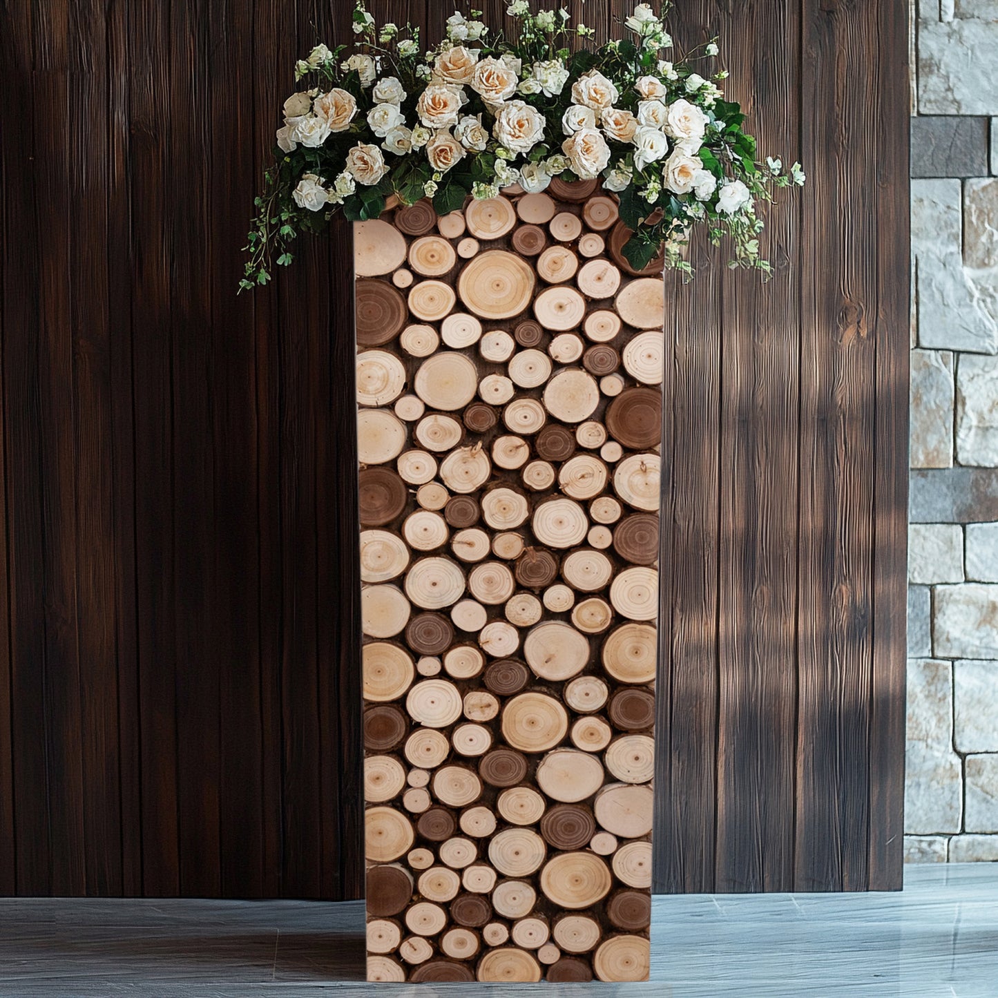 Natural wooden slices pedestal stand with flowers, rustic farmhouse decor.