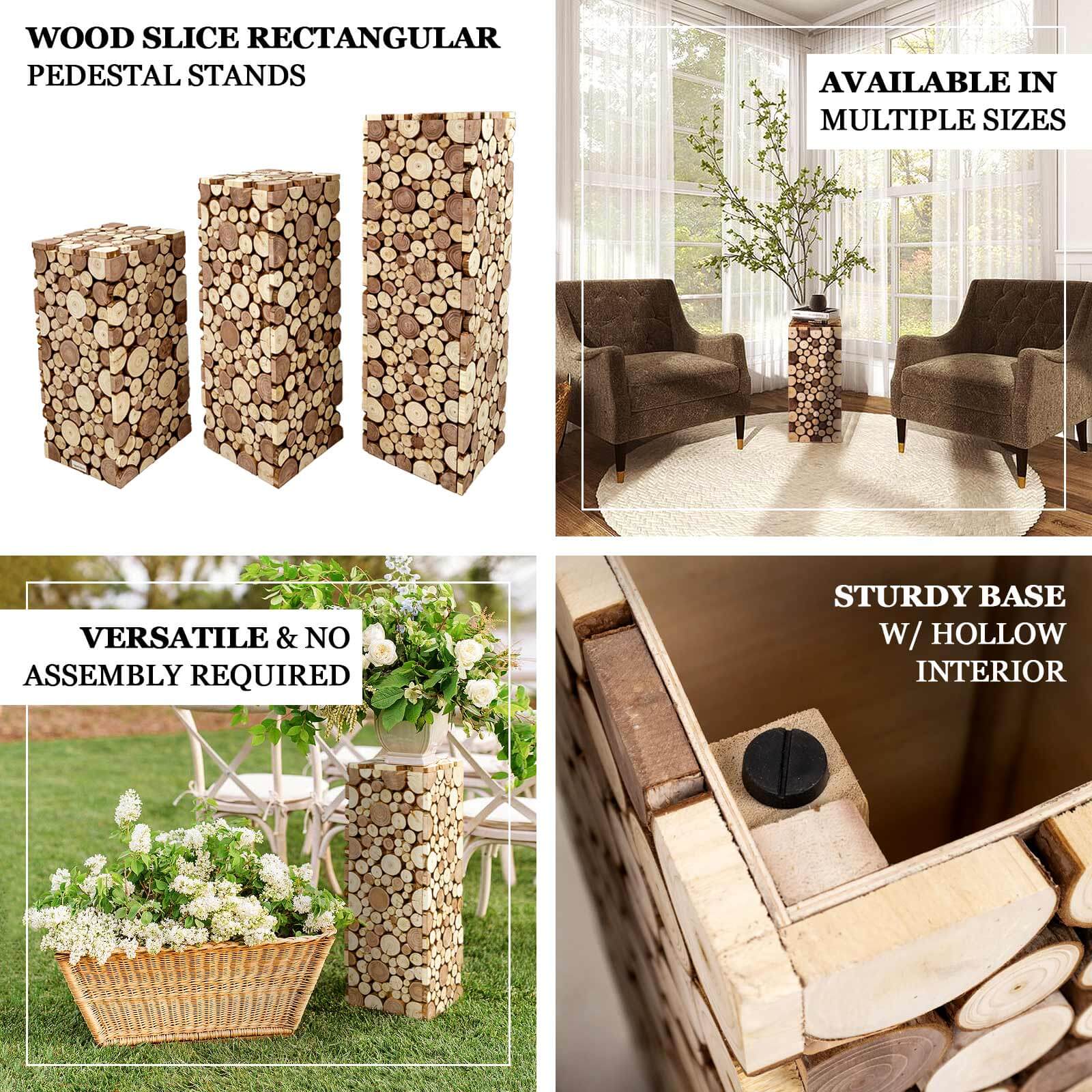 Natural wooden slice pedestal stand for rustic farmhouse decor.