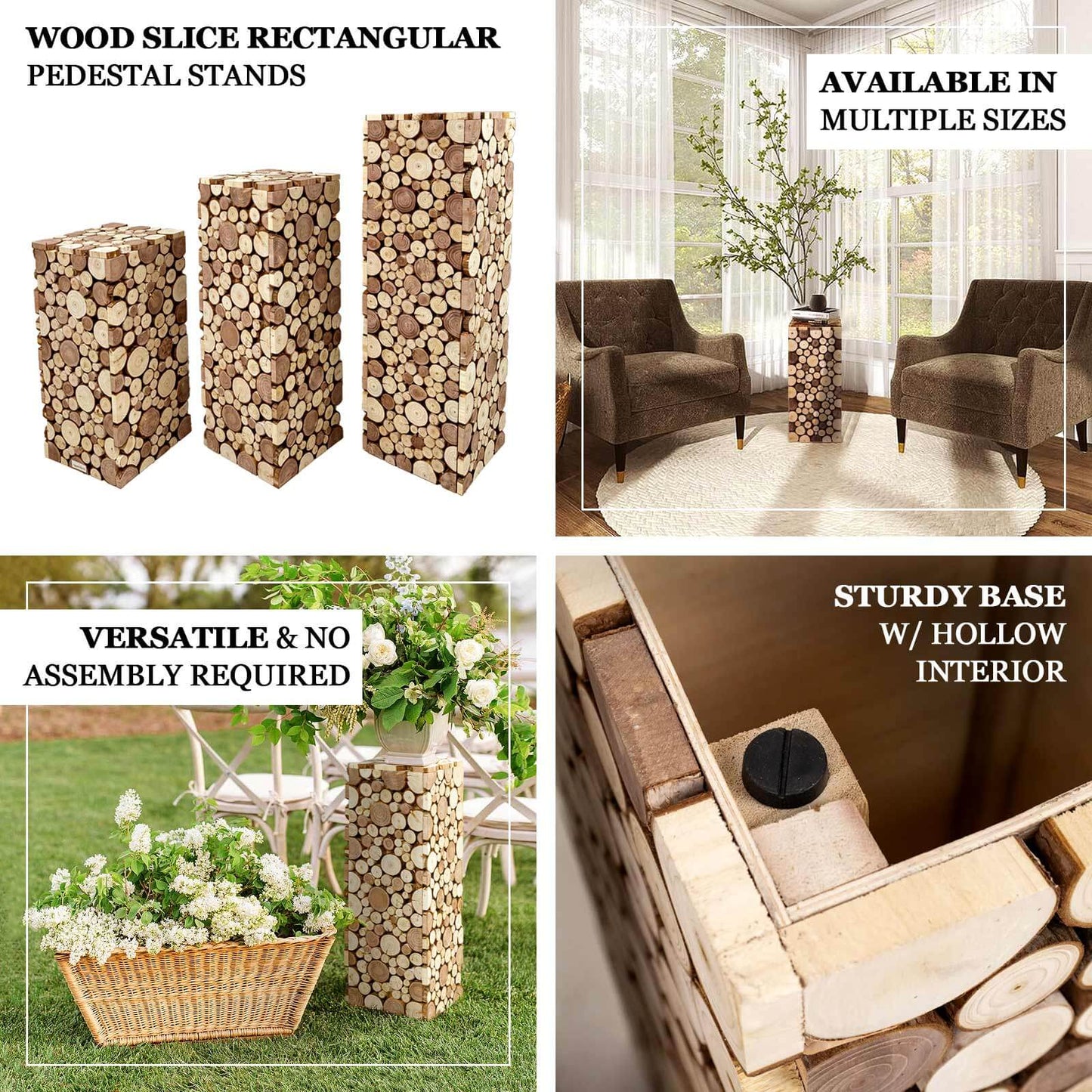 Natural wooden slices pedestal stand for rustic farmhouse decor.