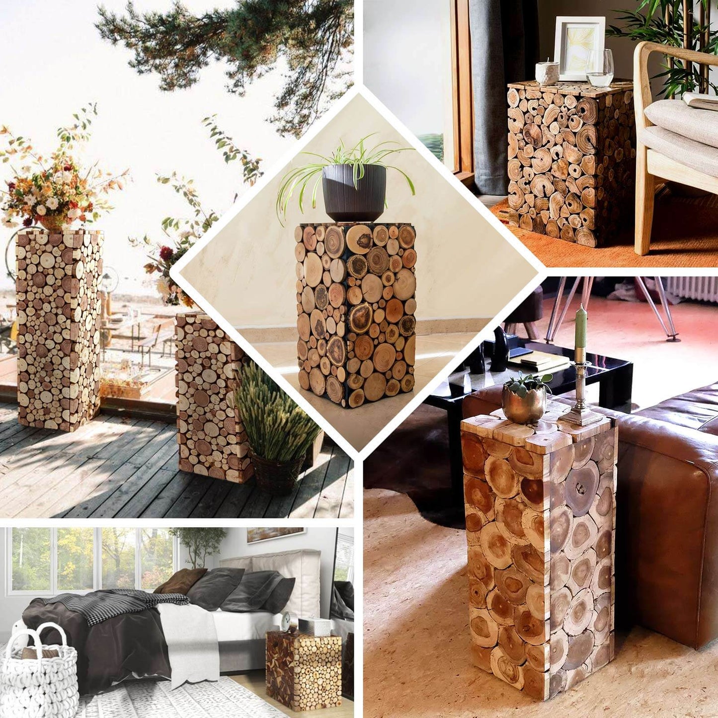 Natural wooden slices pillar stand for rustic decor and plant display.
