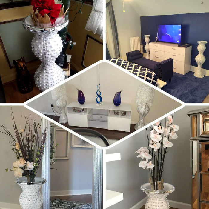 White mermaid style mirror mosaic and pearl studded floor vase.