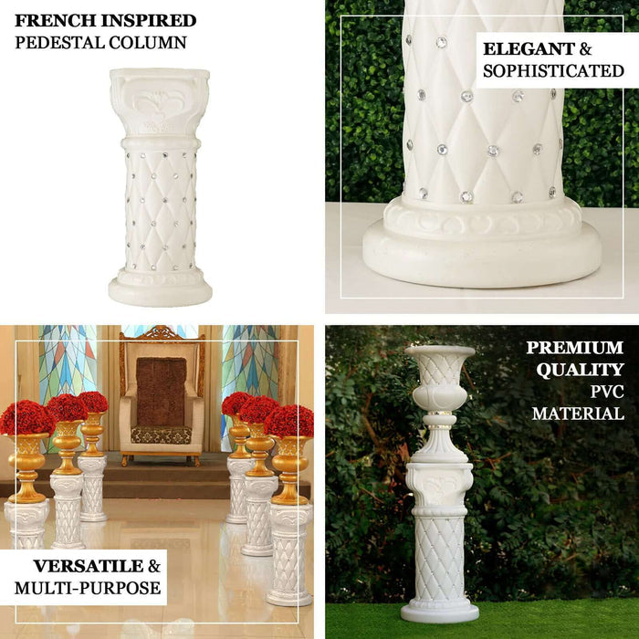 2 Pack | White Crystal Beaded Pedestal Stand | French Inspired Pillar With 10mm Crystal Studs - 25" Tall PVC