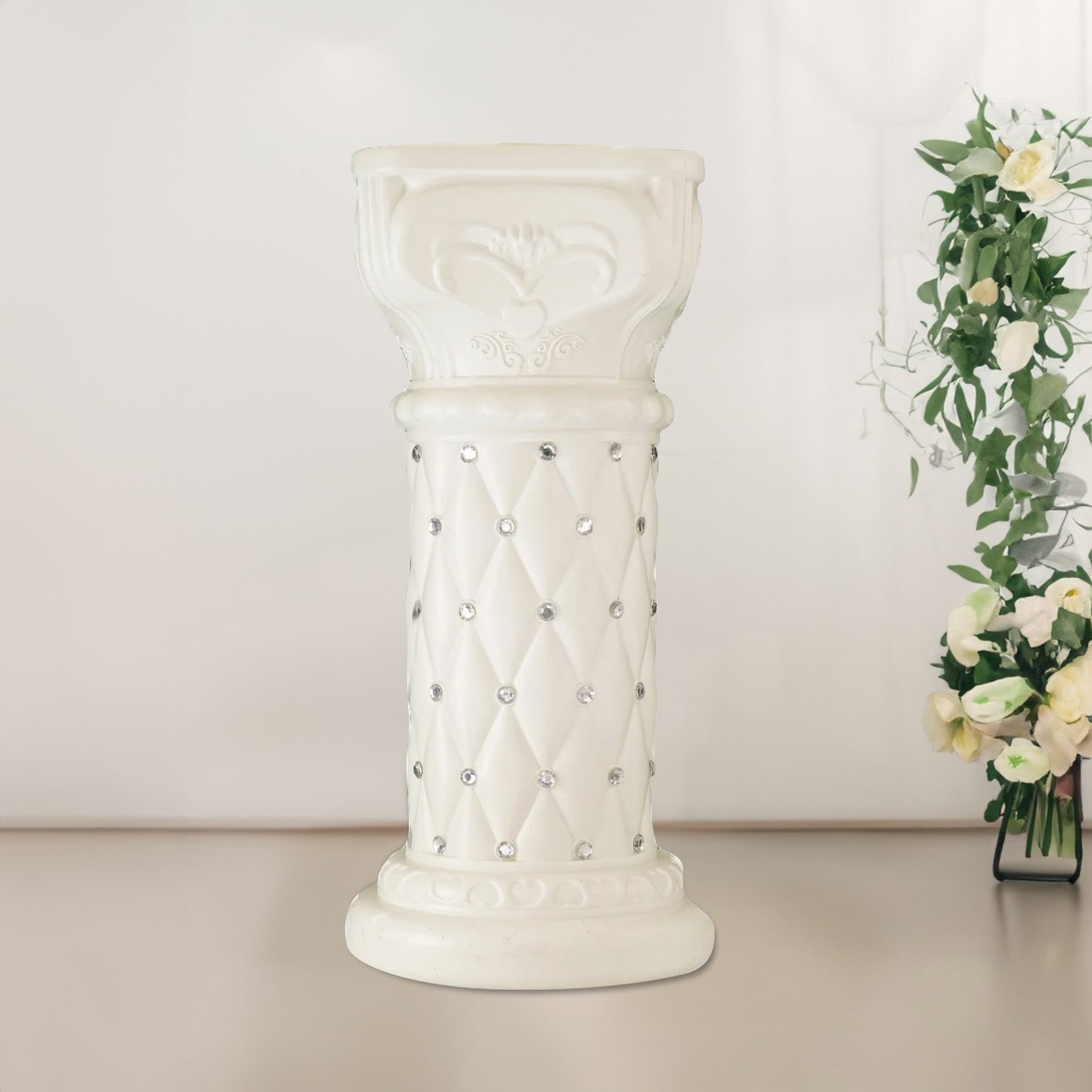 2 Pack | White Crystal Beaded Pedestal Stand | French Inspired Pillar With 10mm Crystal Studs - 25" Tall PVC