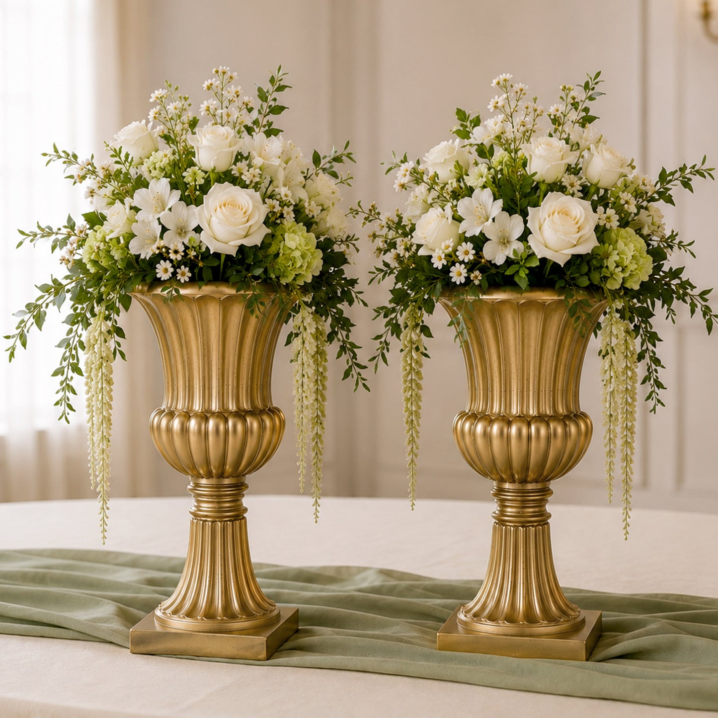 2 Pack 20" Gold Plastic Roman Column Urn Planters, Floral Pedestal Vases, Detachable 3-Piece Convert