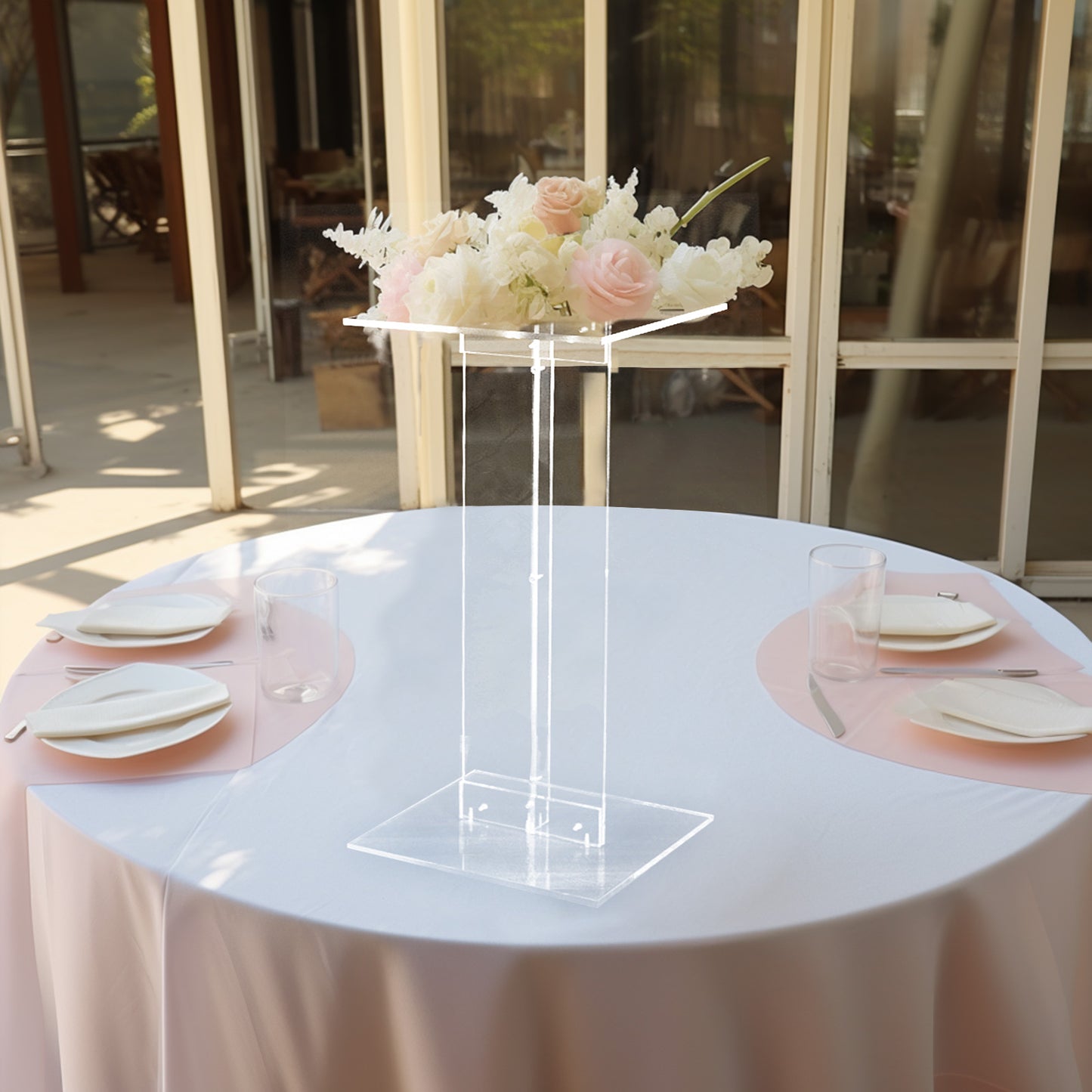 24" Heavy Duty Acrylic Flower Pedestal Stand with Square Bases, Clear Plexiglass Wedding Display Stand - 10mm Thick Plate